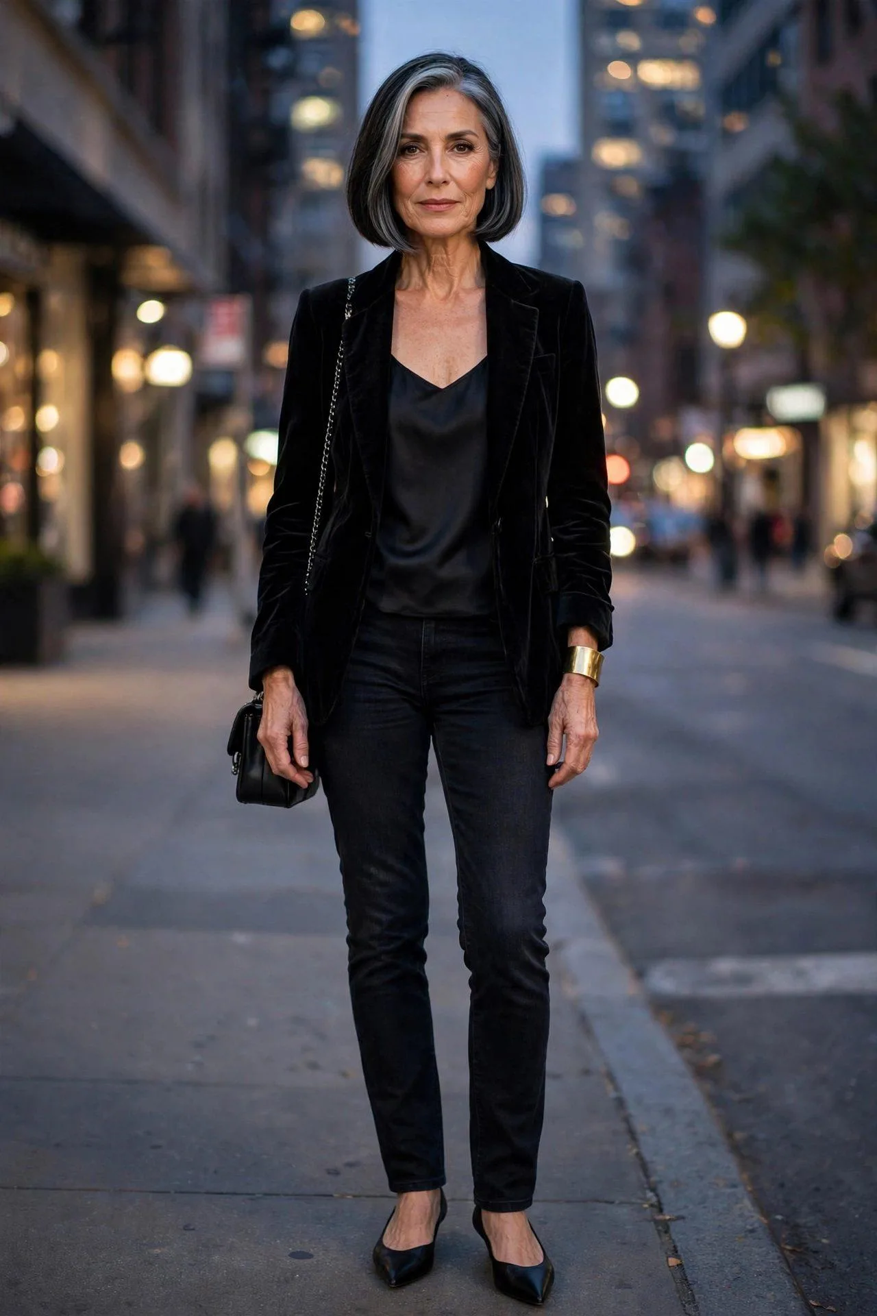 Sleek older woman balancing velvet blazer against simple silk basics