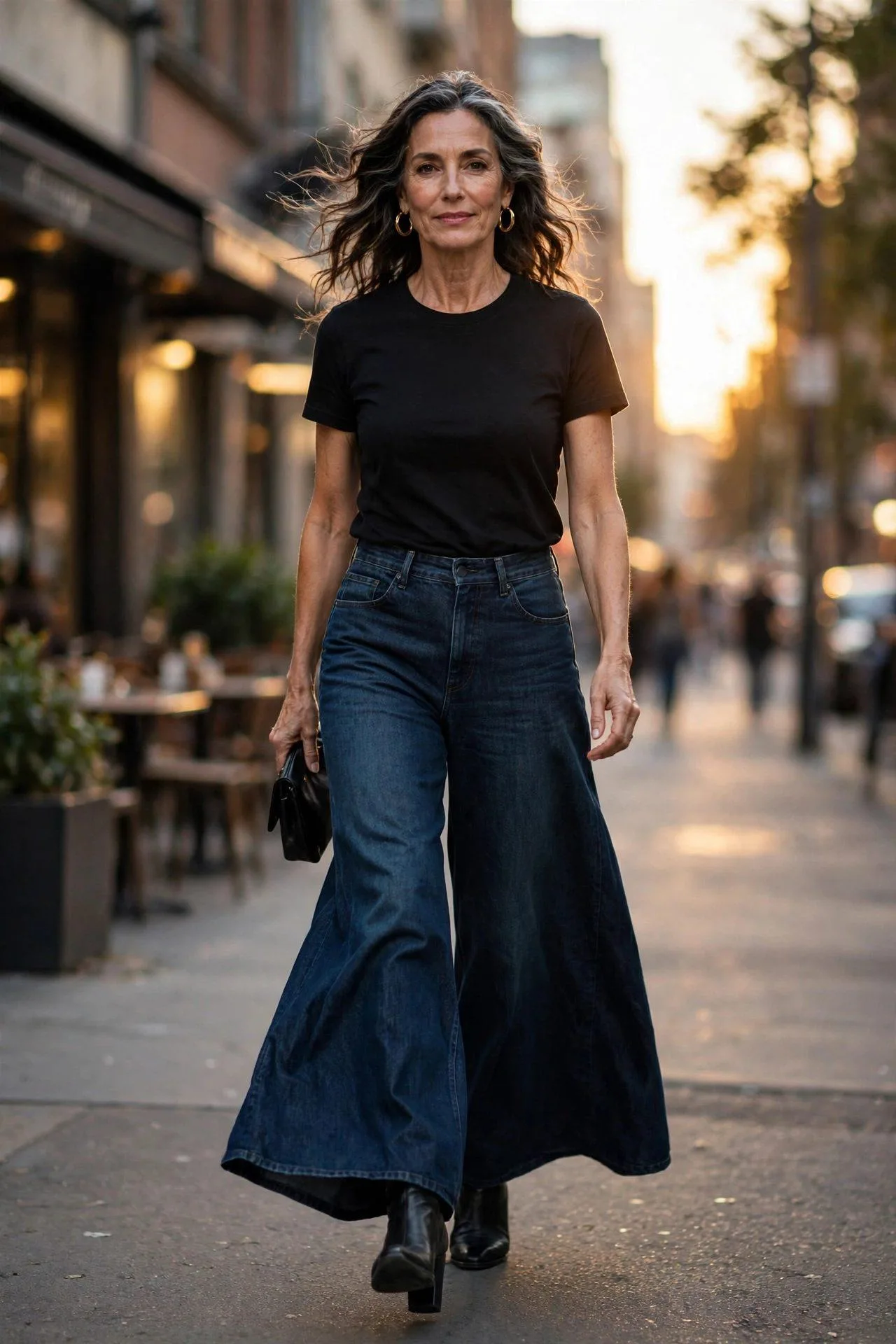 Fifty-plus woman showcasing dark wide-leg jeans with black fitted top and ankle boots