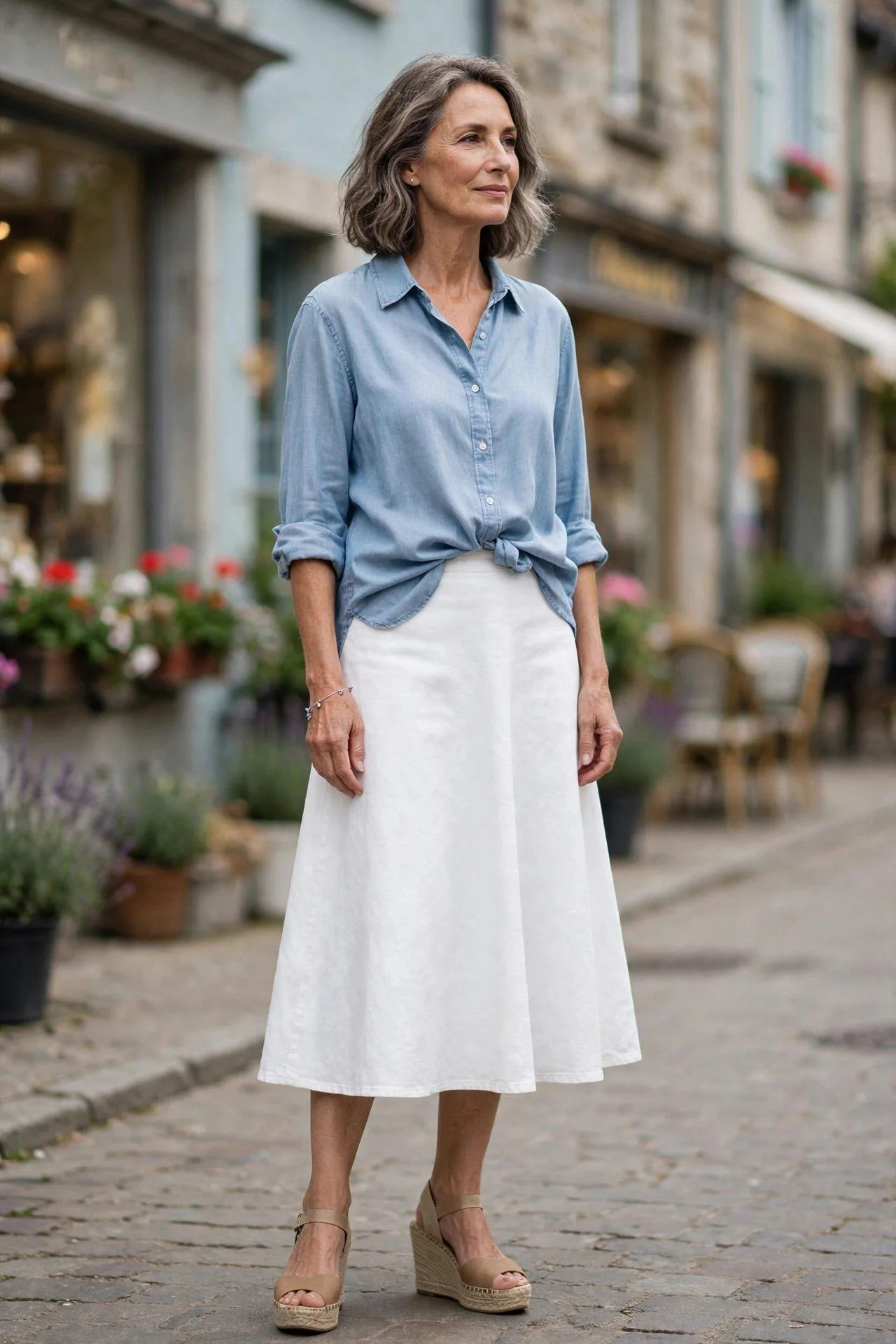 Chambray Shirt + White Denim Midi Skirt