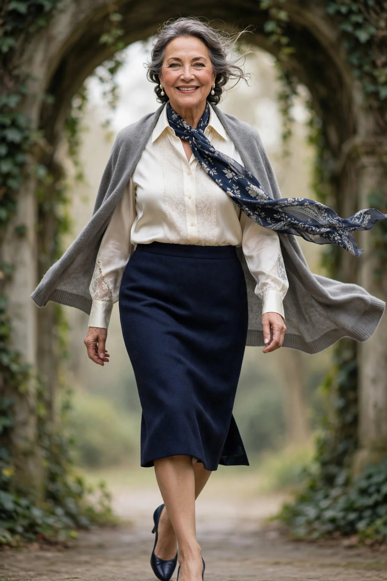 Pencil Skirt Protocol — An ivory silk shirt tucked into a navy knee-length wool pencil skirt, with a soft grey cashmere cardigan draped over the shoulders and navy kitten heels.