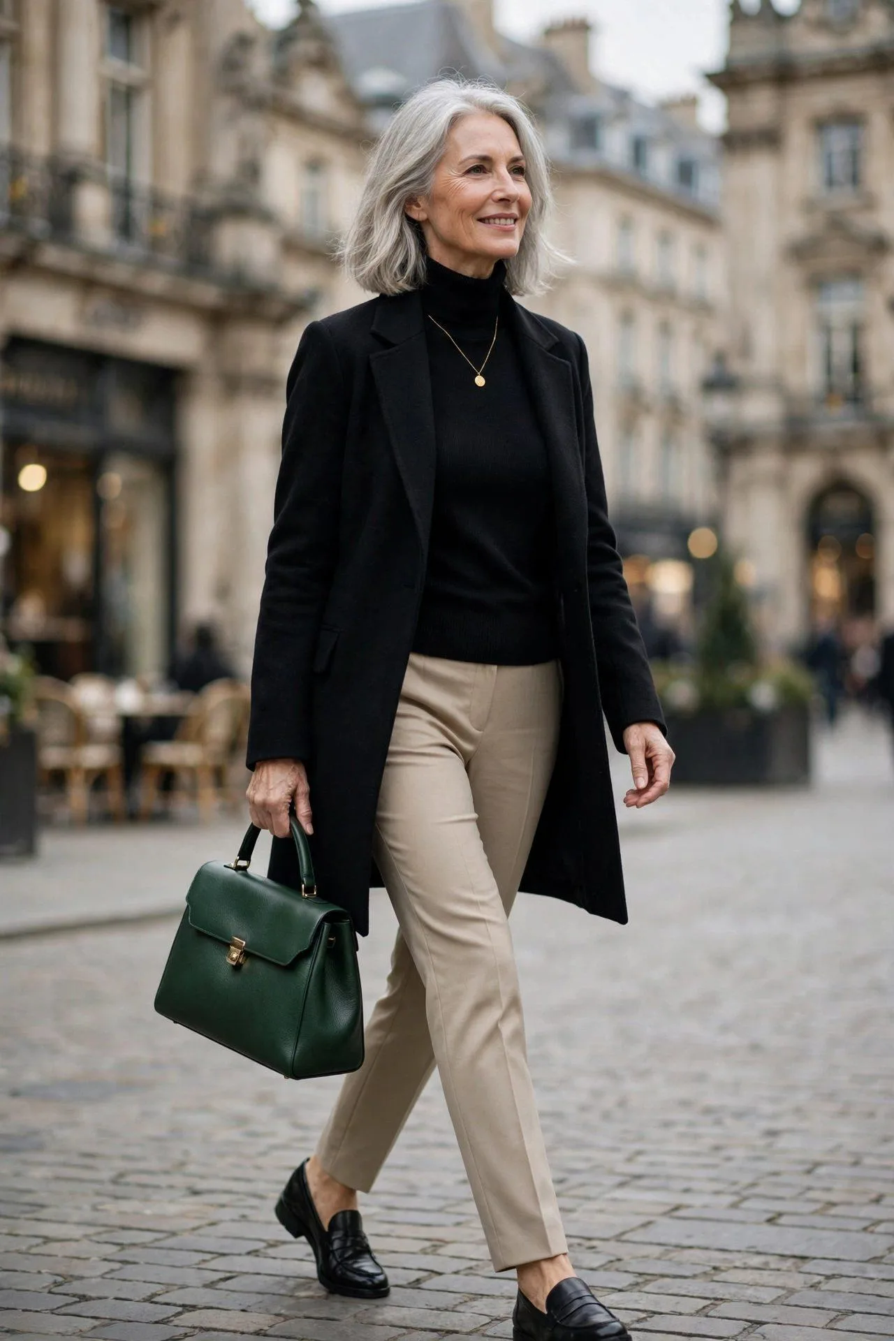 Polished woman approaching sixty with a deep green structured purse bringing color to a neutral outfit.