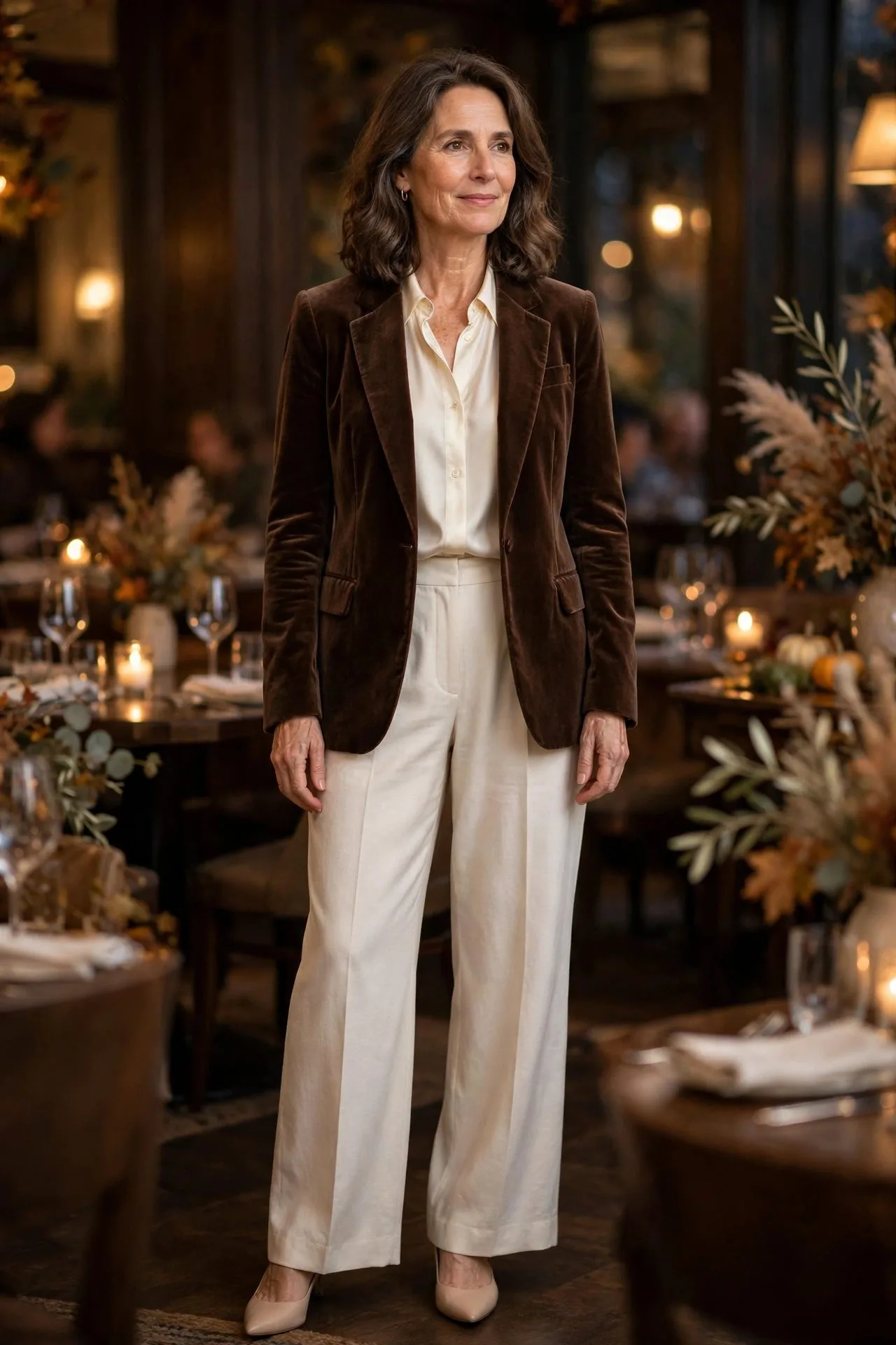 Woman over 50 in chocolate velvet blazer with wide-leg trousers.