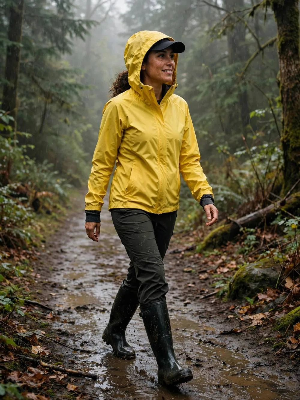 Woman in colorful rain shell and hiking pants on a wet forest path.