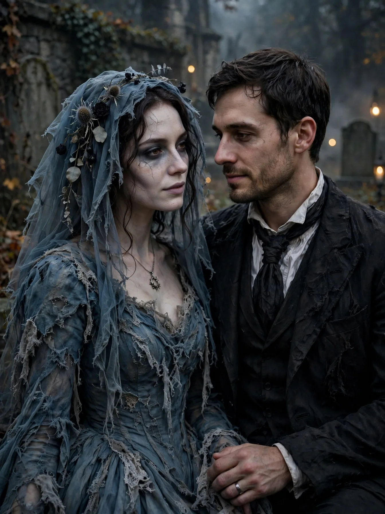 A dramatic corpse bride in tattered blue gown with her groom.