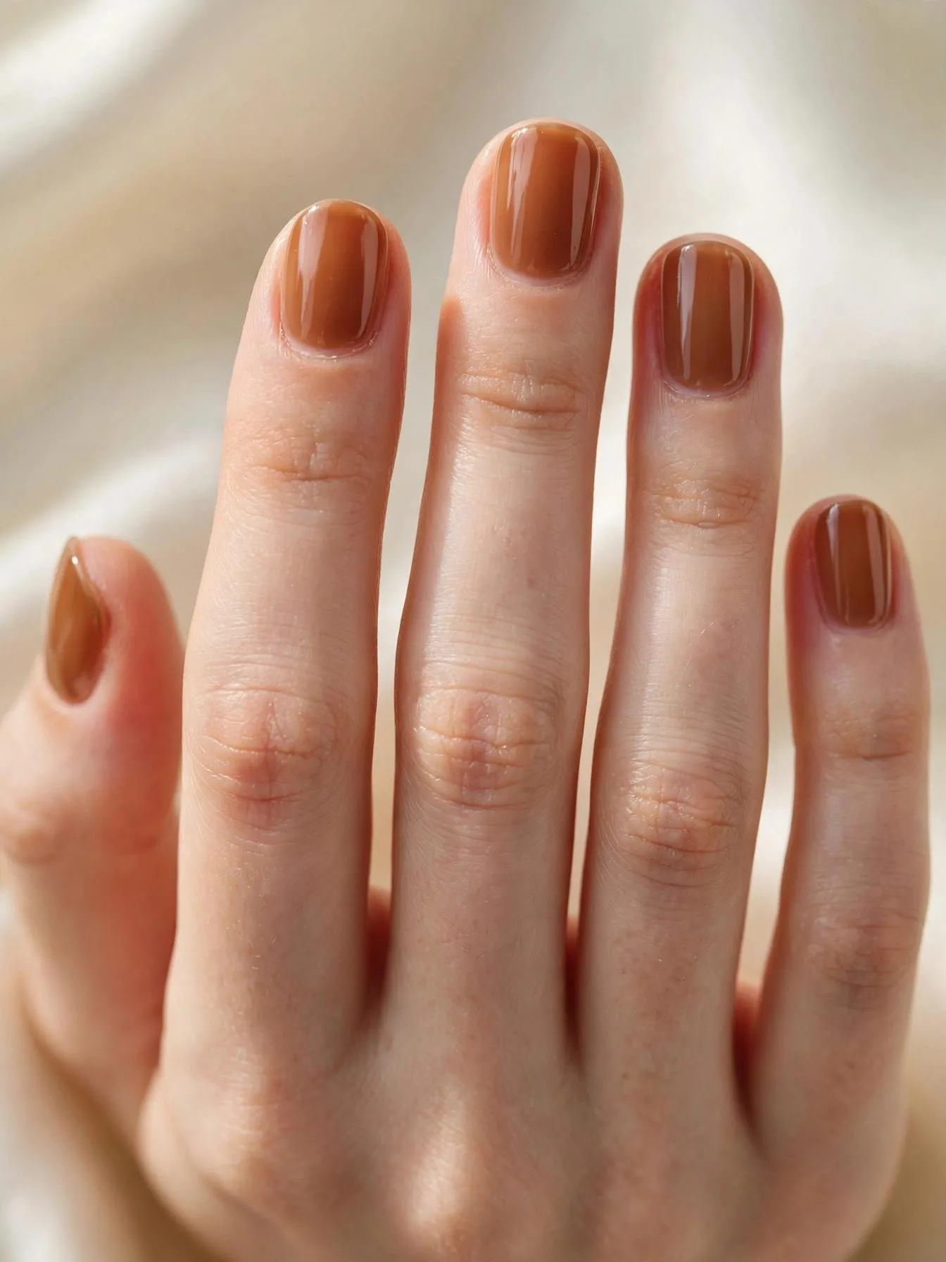 Short oval nails in translucent maple-brown jelly polish.