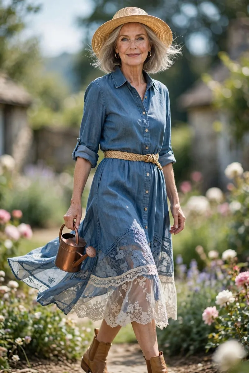 Happy older woman watering potted herbs in a sunlit garden wearing a casual dress.