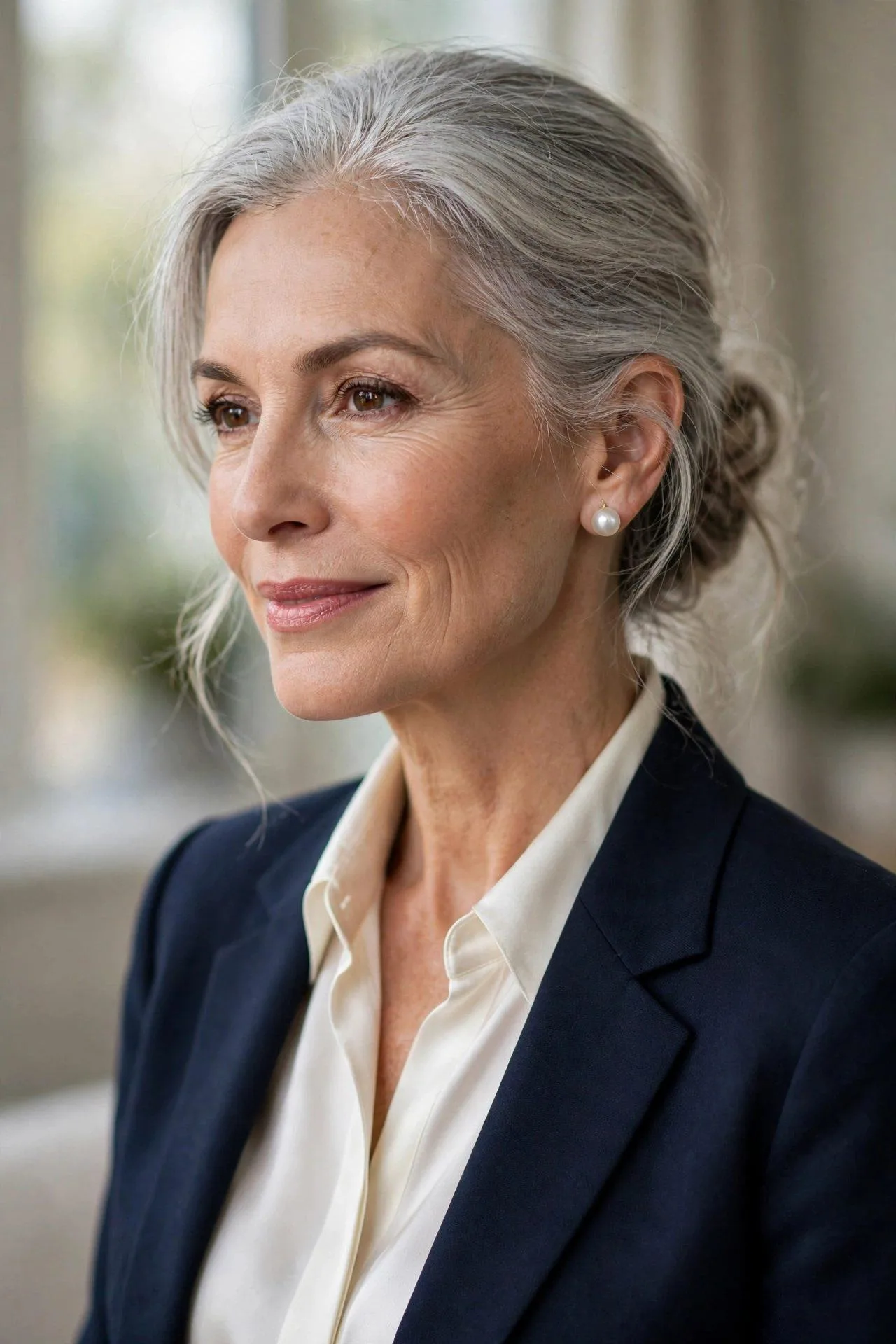 Detailed portrait of a distinguished mature woman showcasing lustrous white pearl studs with a champagne blouse and midnight jacket.