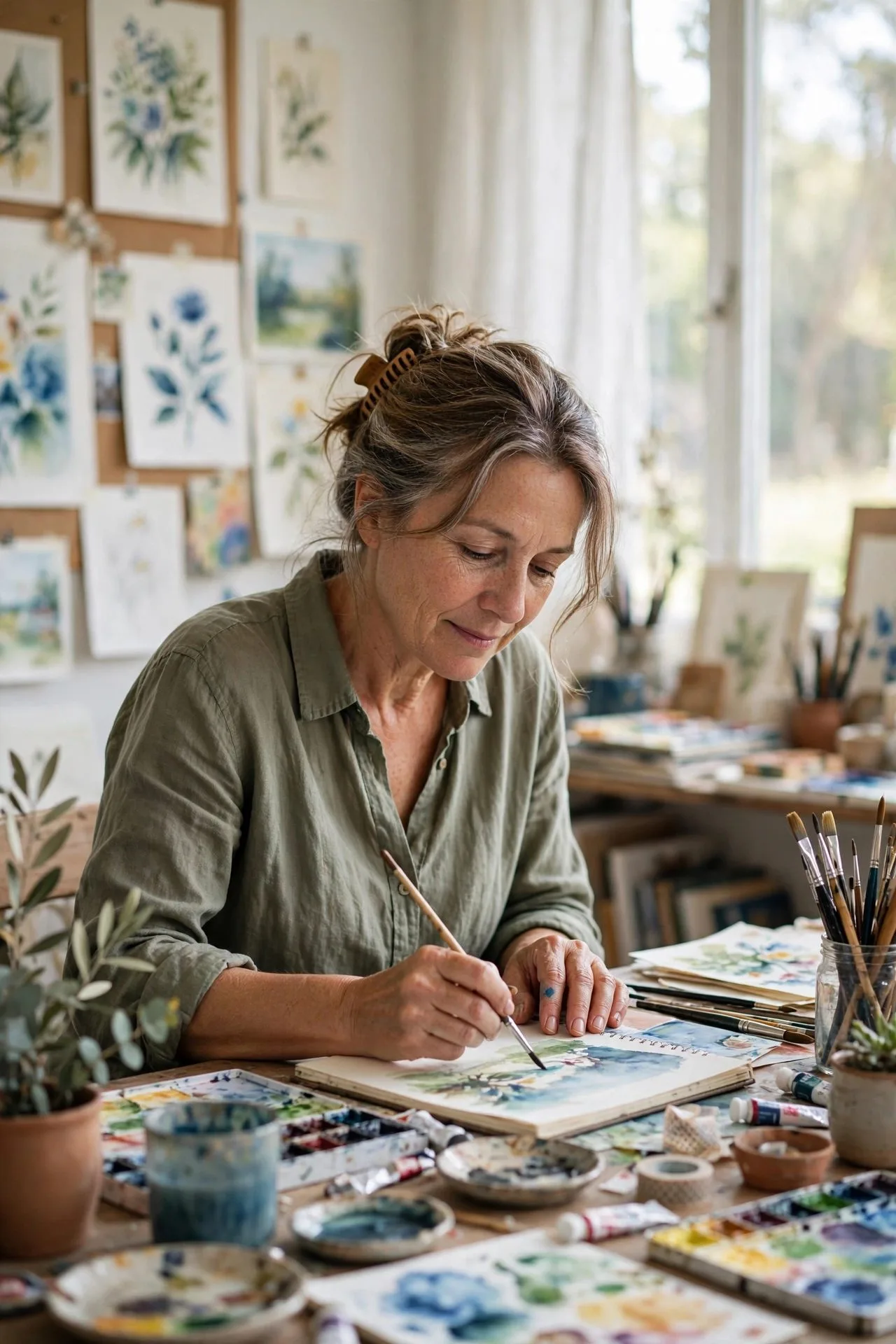Woman over 50 painting alone in a bright creative studio