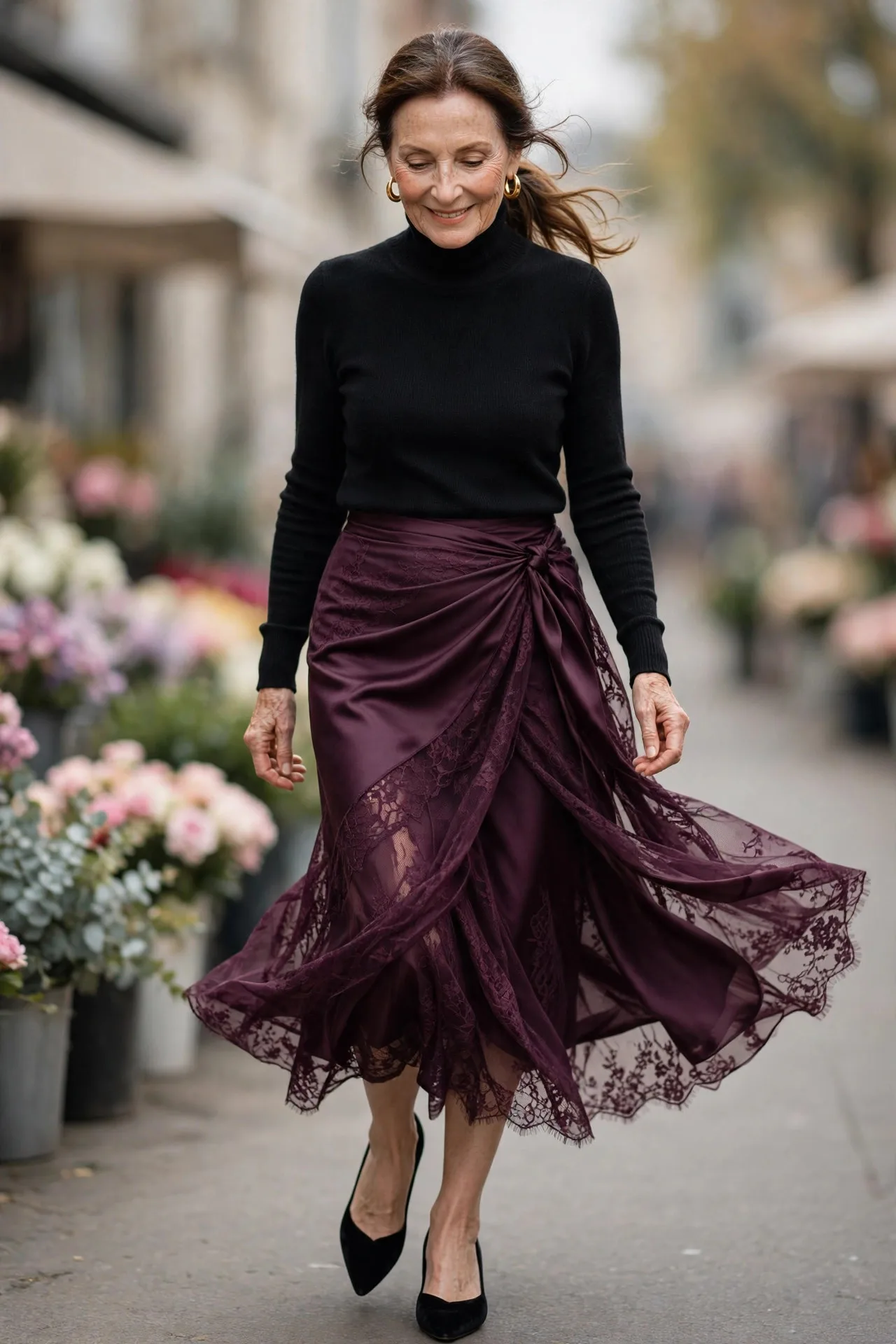 Plum Satin Sophistication — A deep plum satin wrap midi skirt worn with a black fine-knit turtleneck tucked in, finished with black velvet pointed-toe flats.