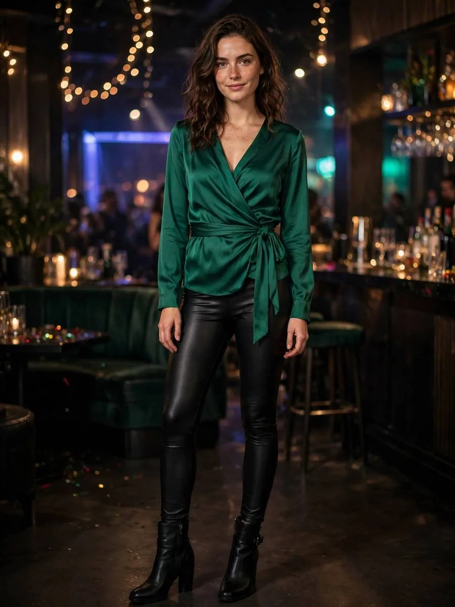 Emerald Wrap Top + Faux-Leather Leggings