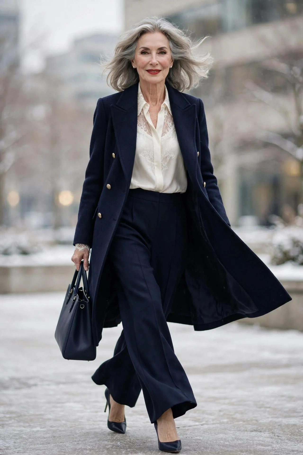 Graceful mature woman in navy double-breasted coat, ivory silk blouse and wide navy trousers.