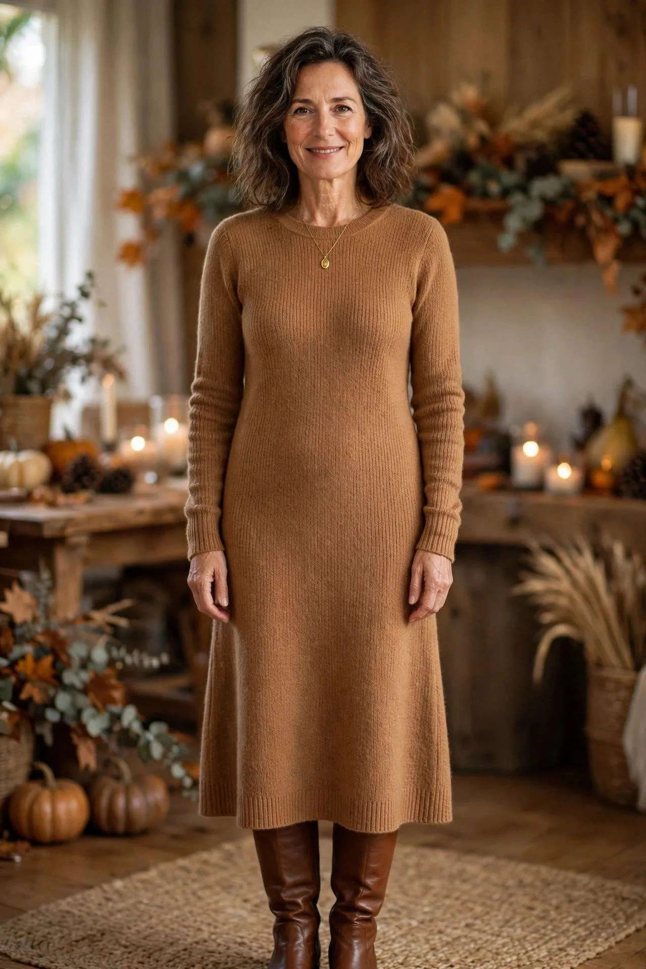 Woman over 50 in caramel sweater dress and knee-high boots.