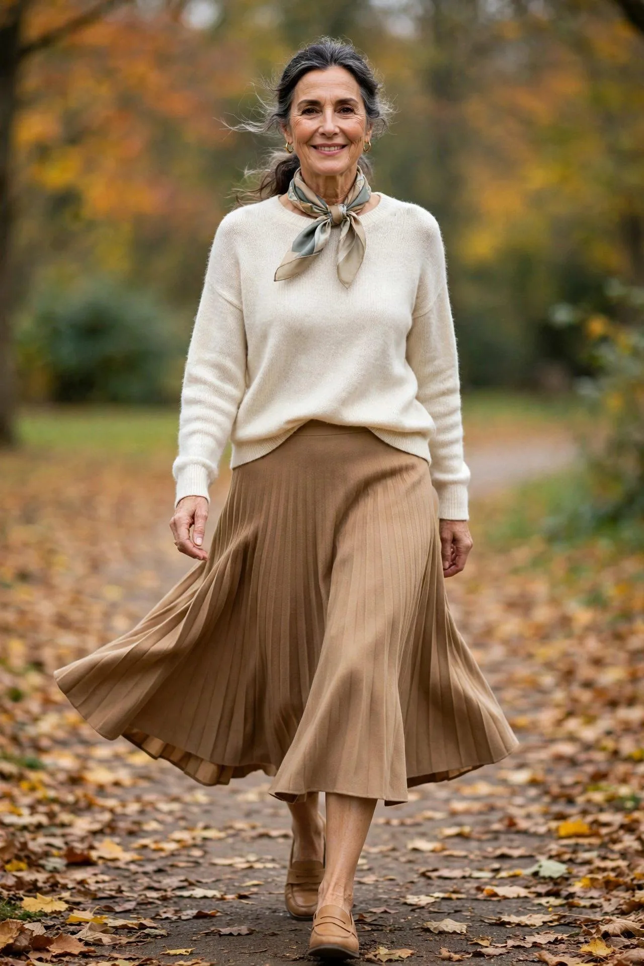 Mature woman strolling in a tan knife-pleated midi skirt matched with an ivory jumper and tan moccasins, ladylike vintage-inspired look.
