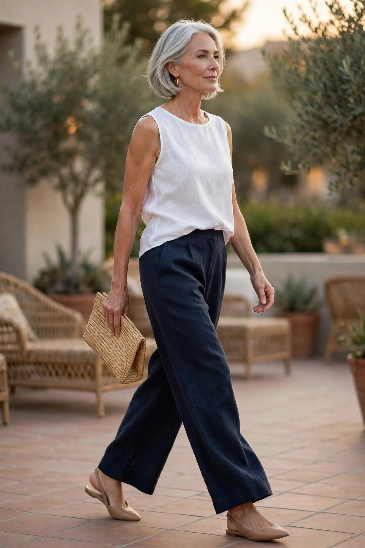 Classy lady over 50 in flowing navy linen wide-leg pants paired with white blouse