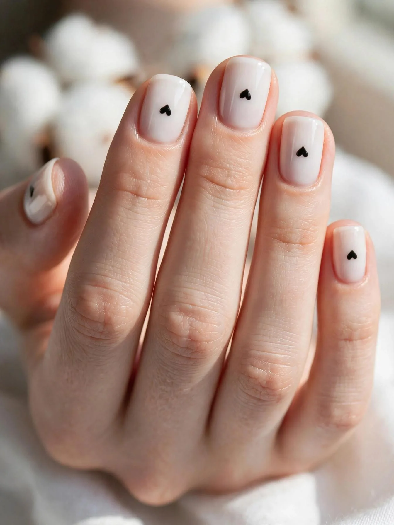 Short square milky white nails with one tiny black heart.