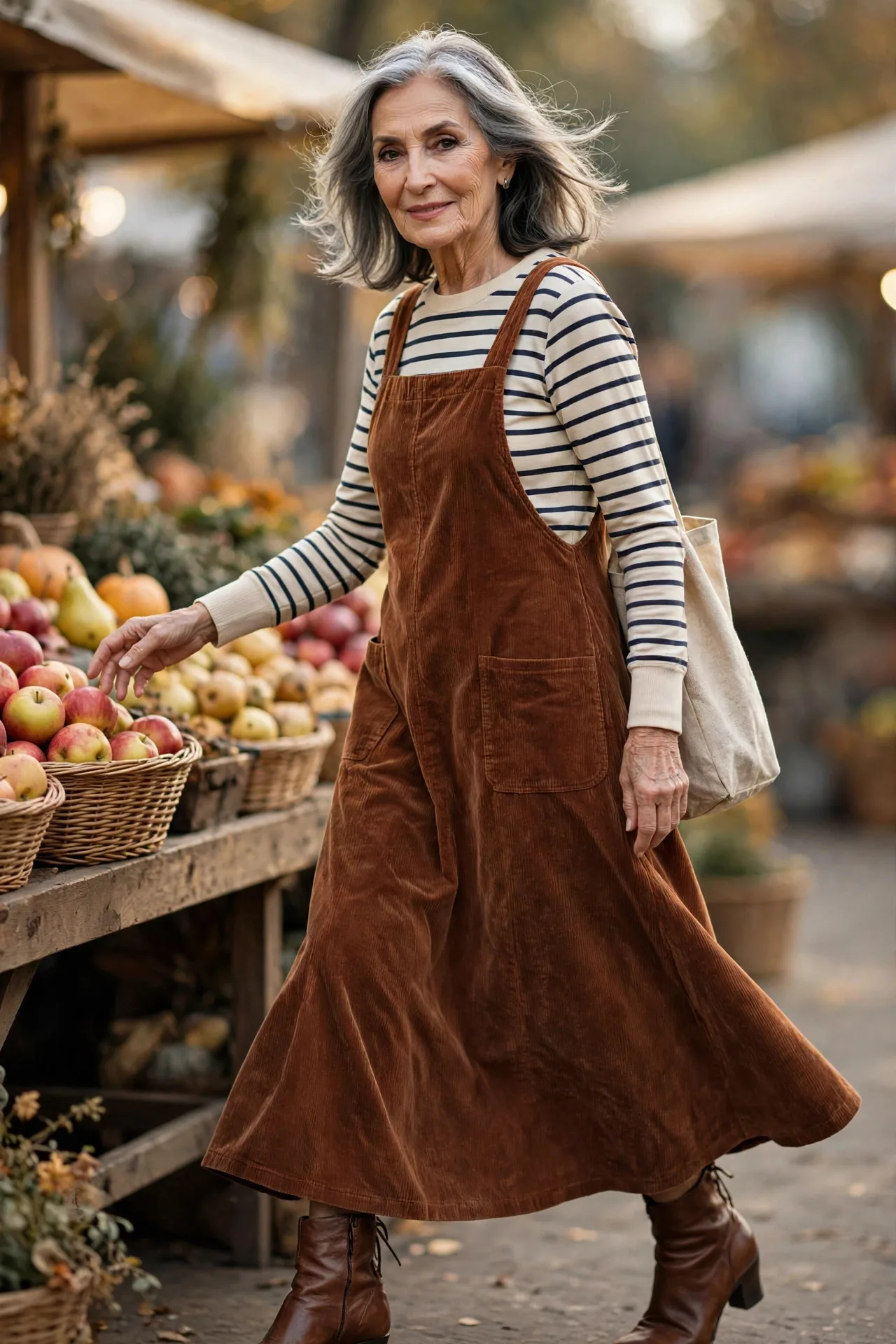 Healing Hands Pinafore — A rust fine-wale corduroy pinafore dress with front pockets, worn over a cream-and-navy Breton striped top.
