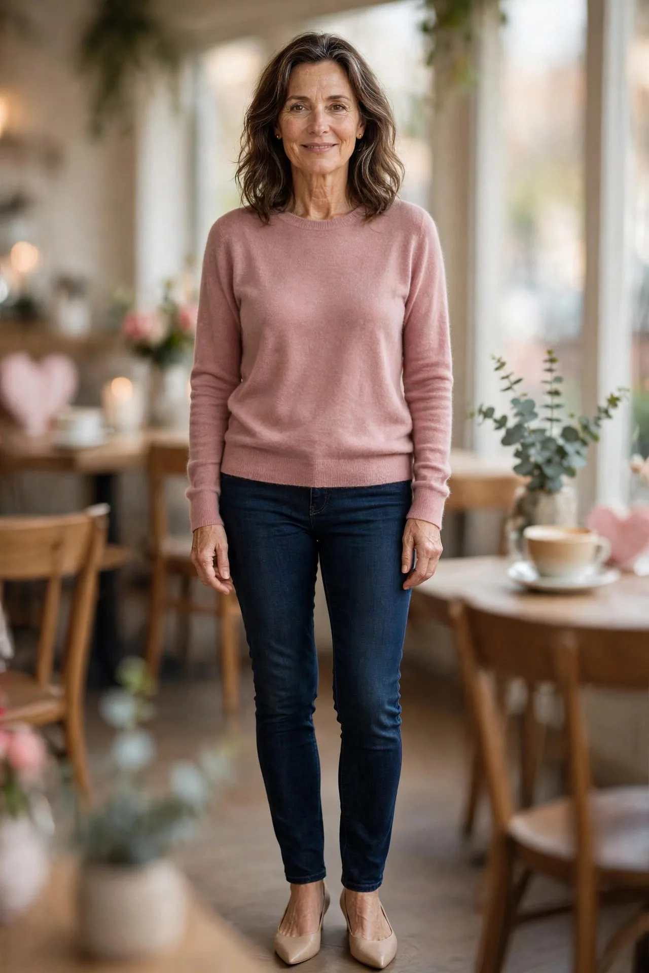 Smiling woman in dusty rose cashmere sweater and dark jeans