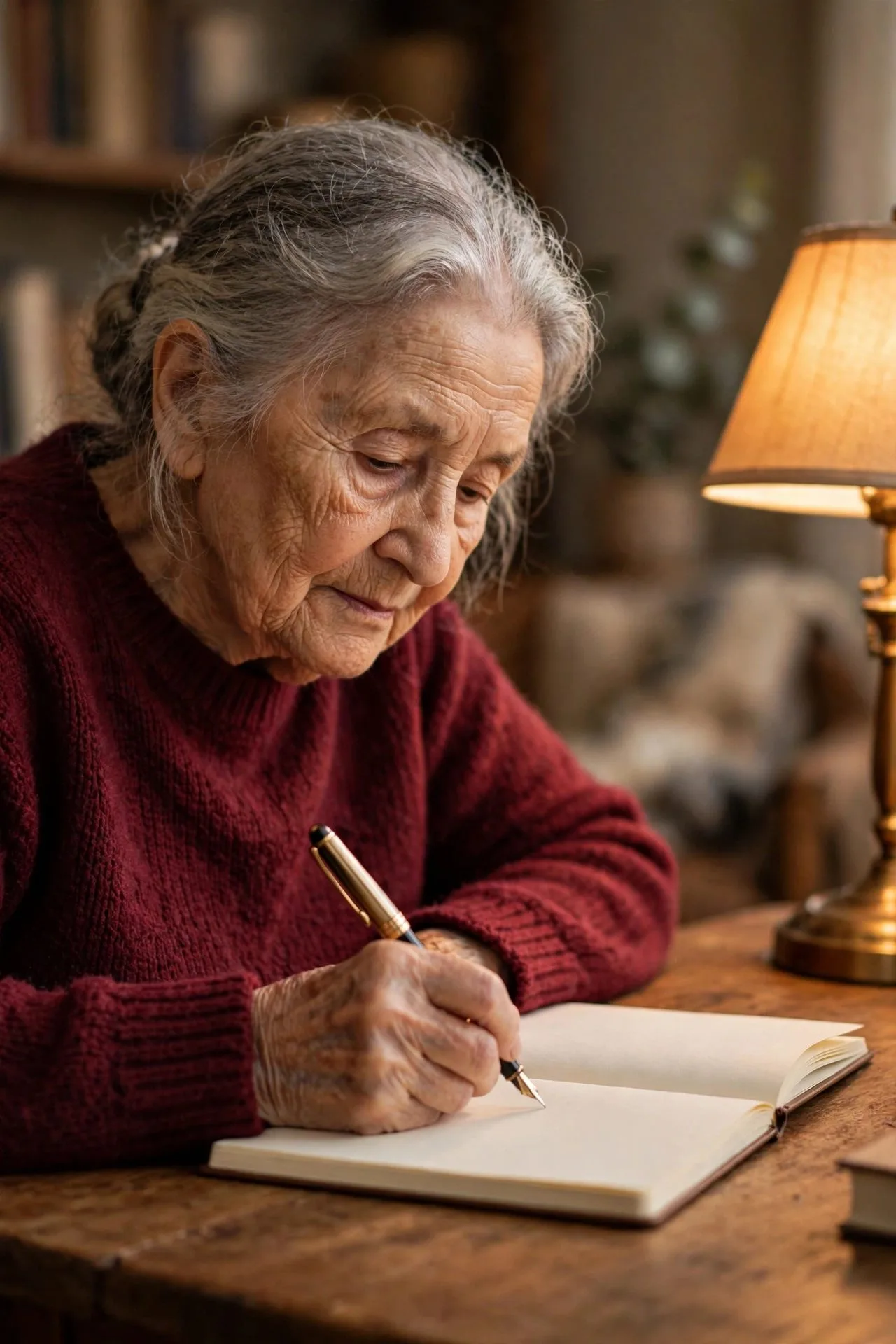 Senior woman writing thoughtfully in a journal with a fountain pen.