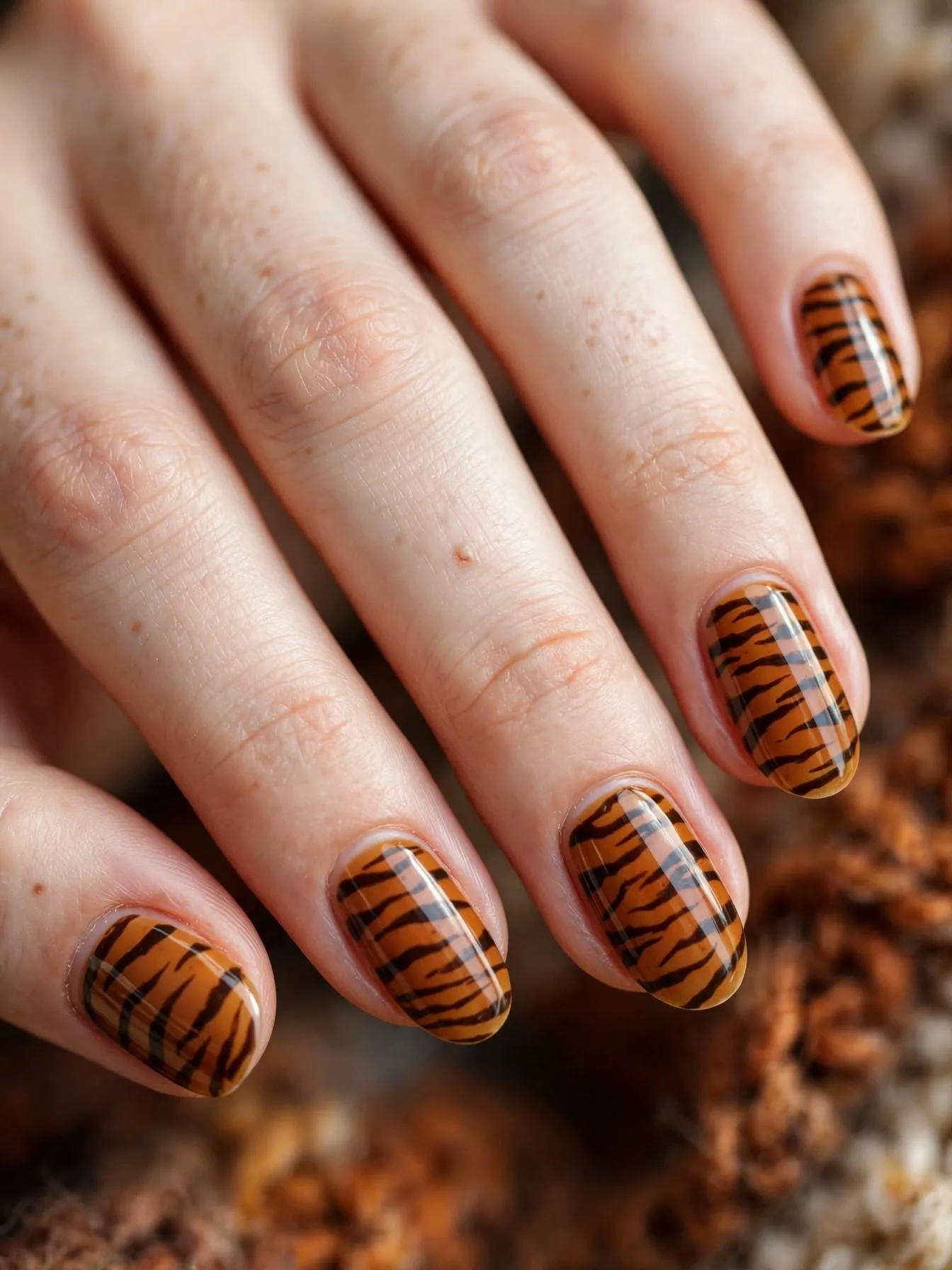 Amber nails with hand-painted espresso tiger stripe markings.