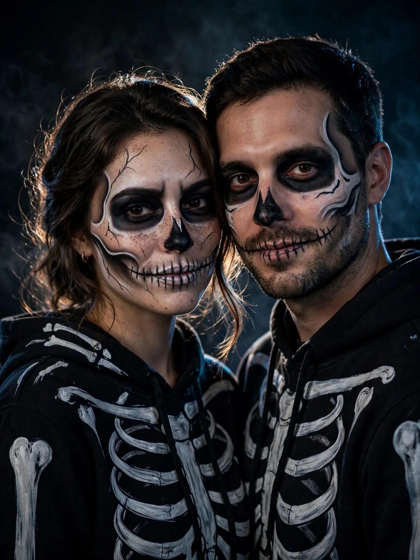 A skeleton couple in black with white painted bones under party lights.