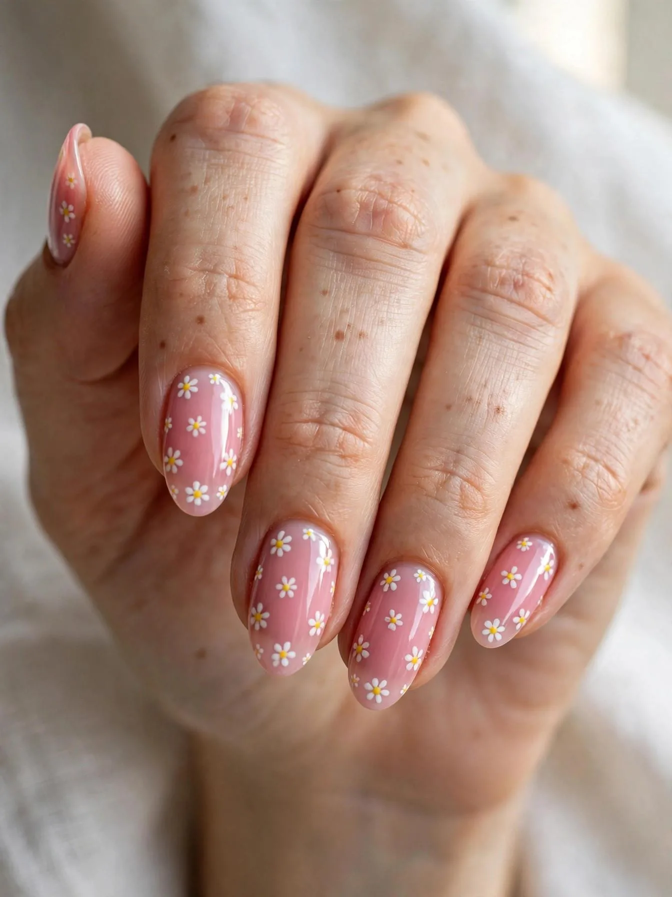 Almond-shaped soft pink nails featuring miniature white daisy prints.