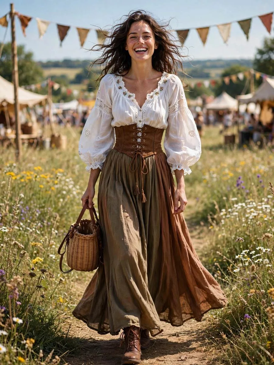 Peasant blouse with corset belt over a flowing earthy maxi skirt.