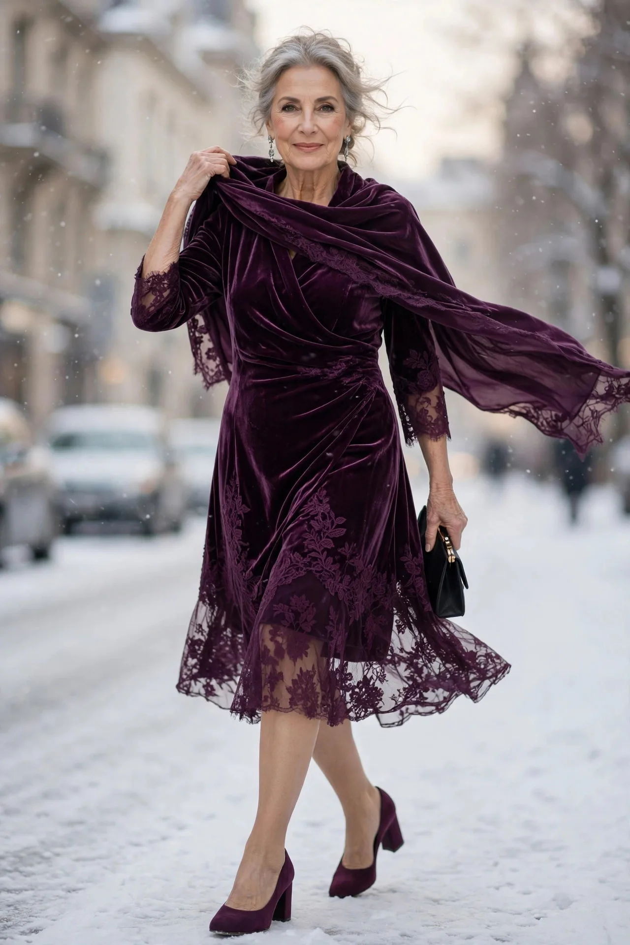 Velvet Evening Calm — A deep-plum stretch velvet tunic dress with three-quarter sleeves, falling just above the knee.