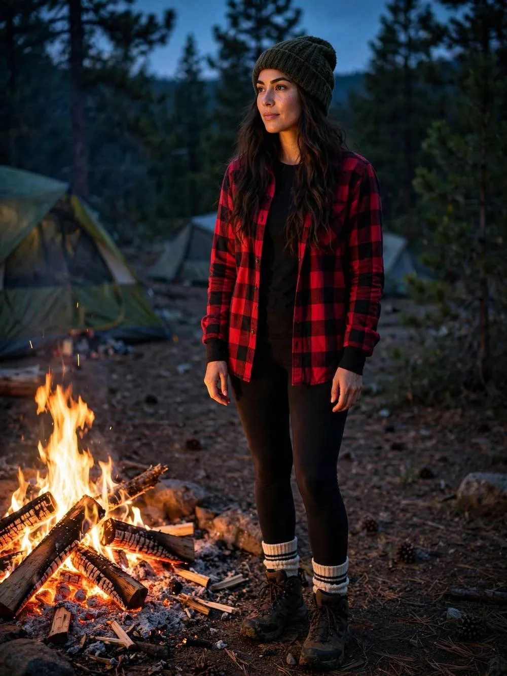 Woman in red buffalo plaid flannel and black leggings by a campfire at dusk.