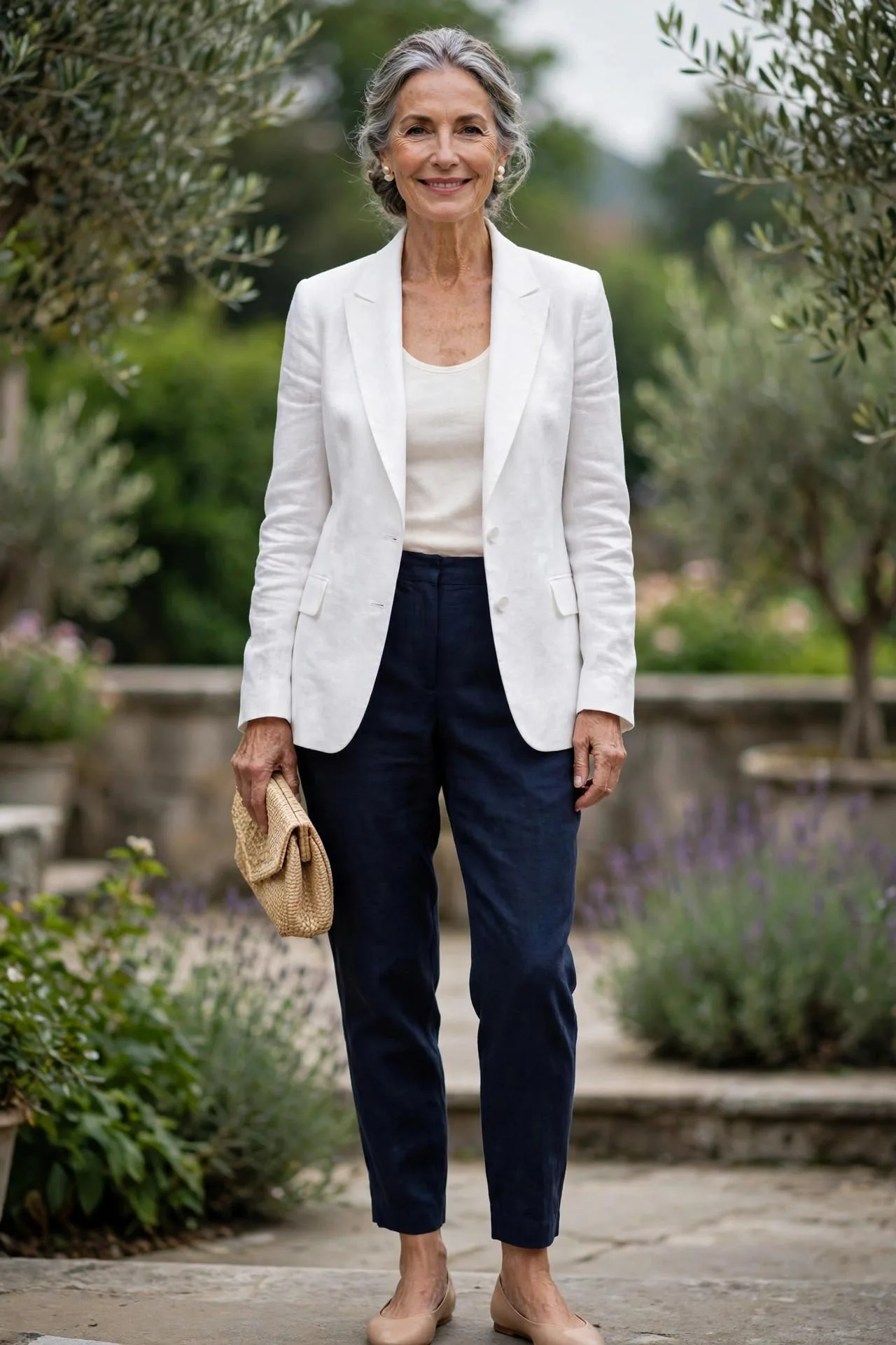 Stylish senior woman modeling crisp white linen blazer with navy ankle trousers outdoors