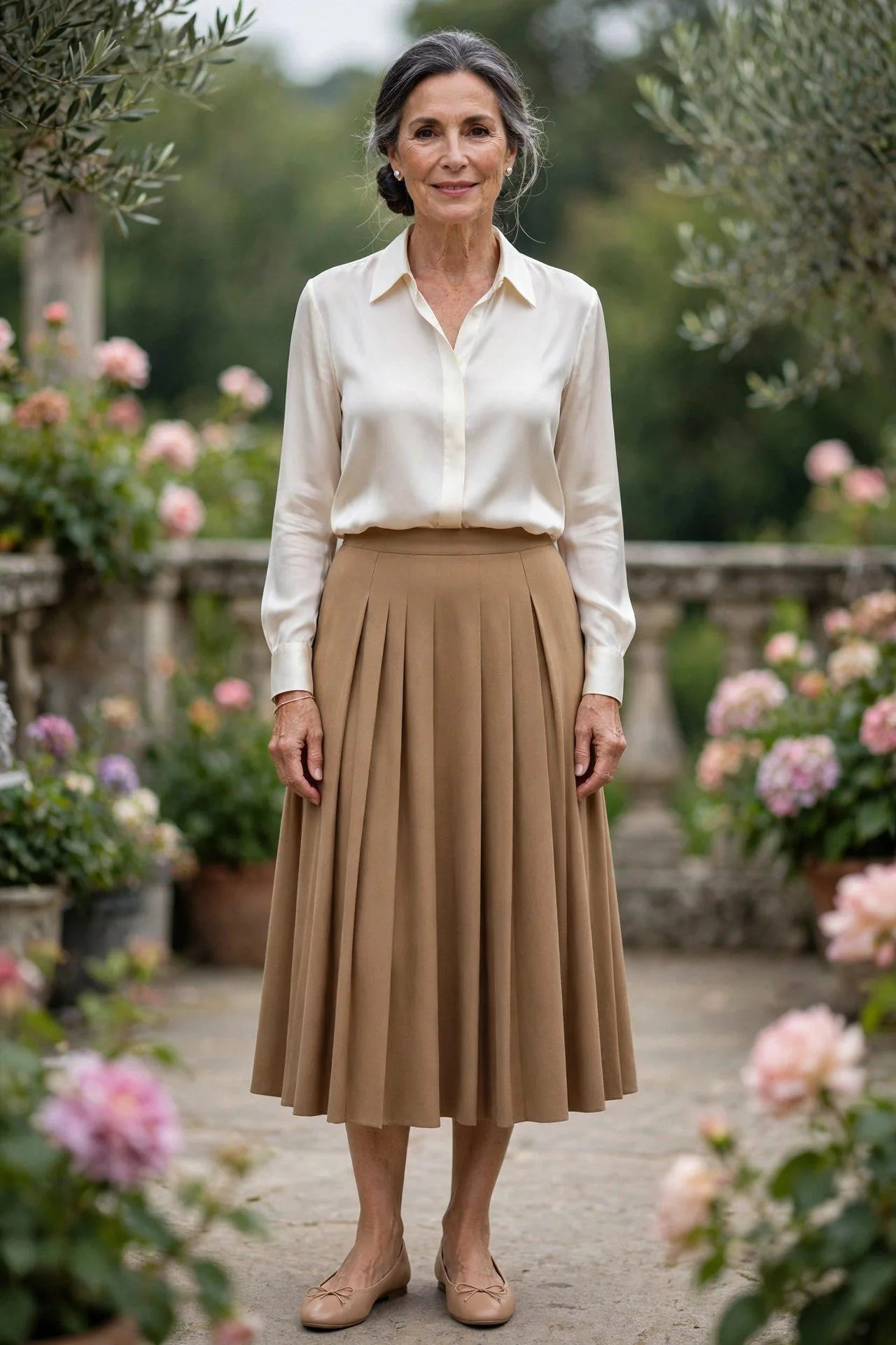 Elegant older lady posed in blush-toned soft leather flat shoes with a tan pleated skirt and champagne blouse.