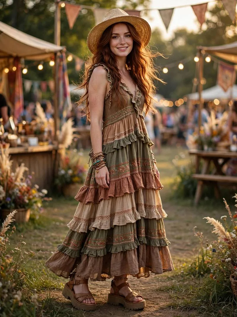 Tiered boho ruffle maxi dress with floppy hat and boots.