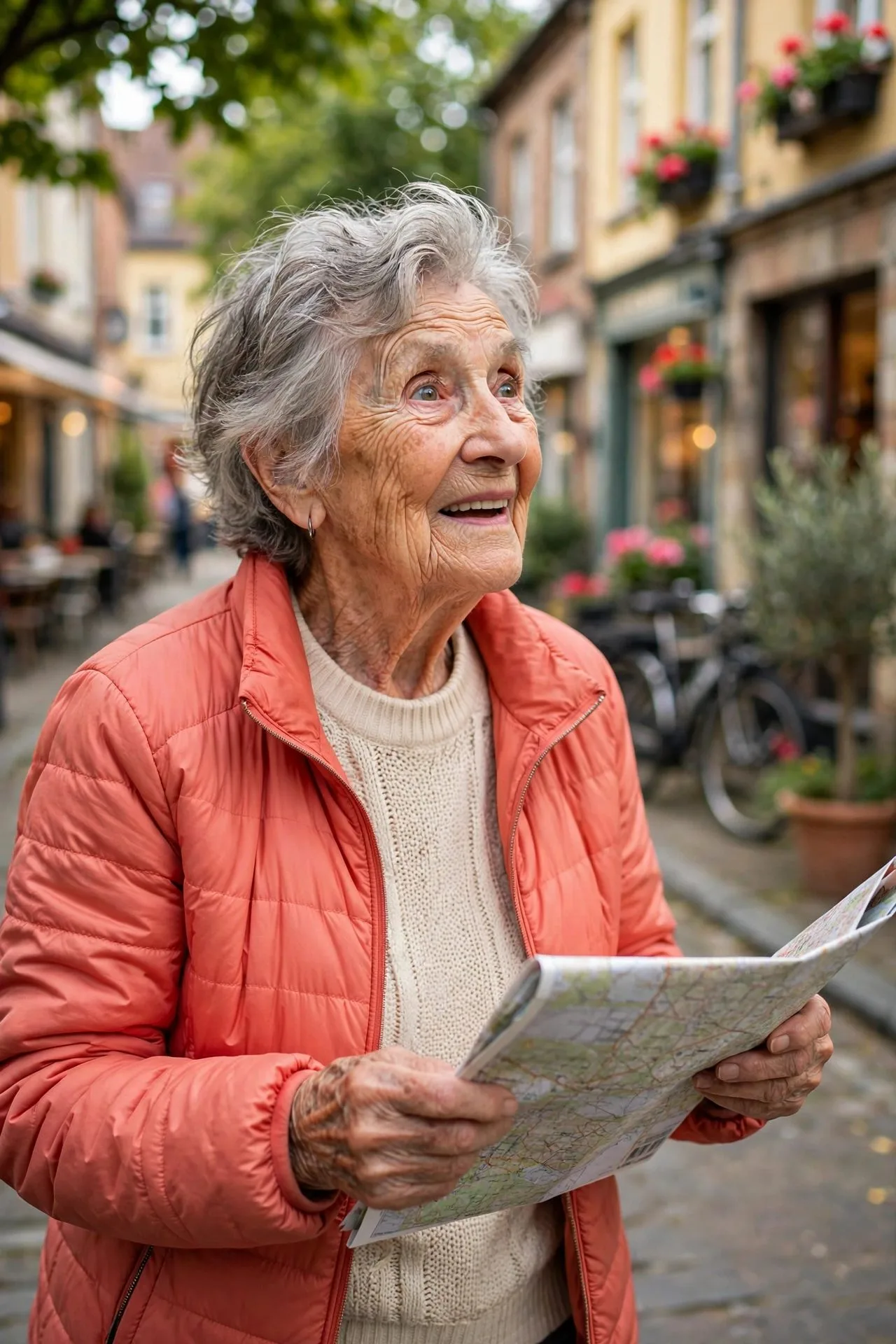 Senior woman exploring a new neighborhood street with curiosity.