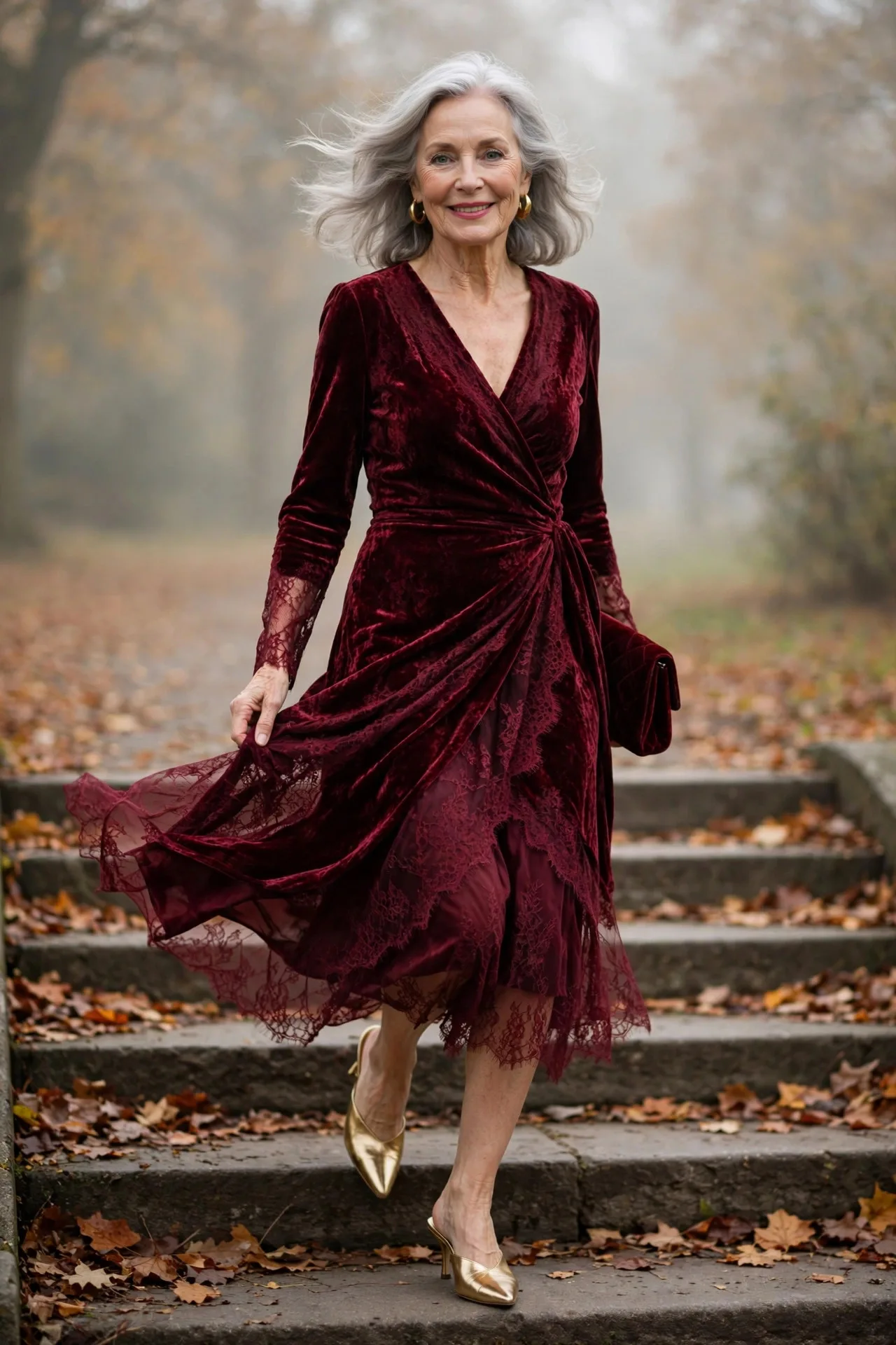 Graceful mature woman wearing burgundy velvet wrap midi dress with gold mules
