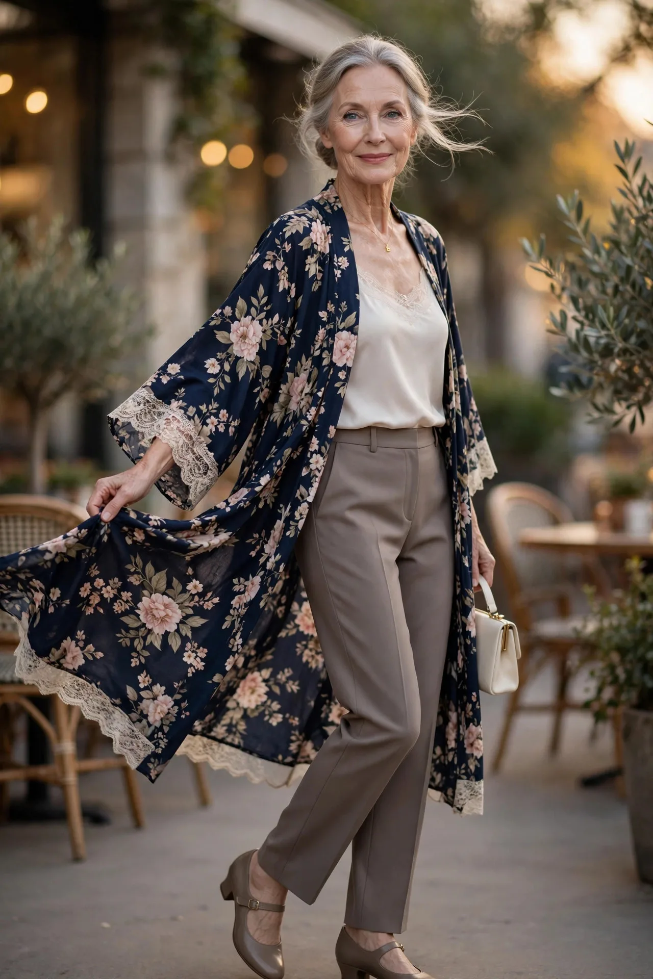 Kimono Comfort Layer — A navy floral-print rayon kimono duster with wide sleeves, worn open over an ivory camisole and taupe trousers.