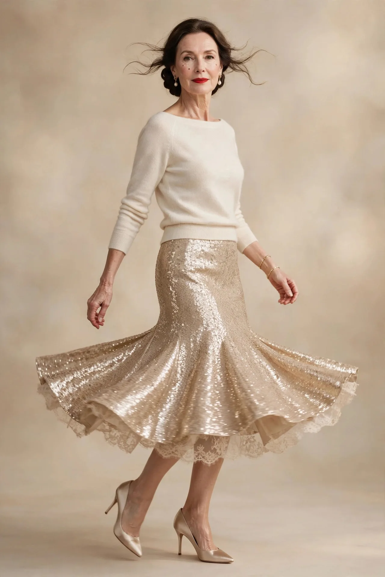 Champagne Sequin Shimmer — A champagne-gold sequin pencil midi skirt worn with a cream cashmere boat-neck sweater tucked in, finished with champagne satin pointed-toe heels.