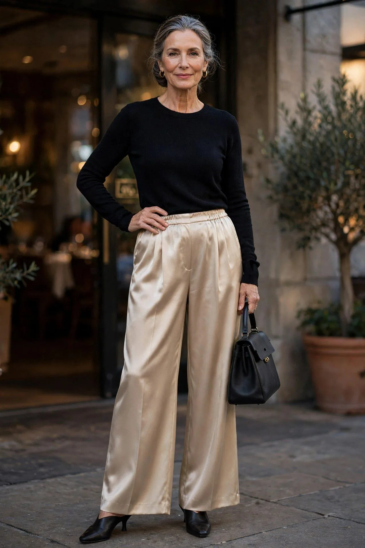 Sophisticated woman in fluid champagne satin trousers and a black fine-knit top