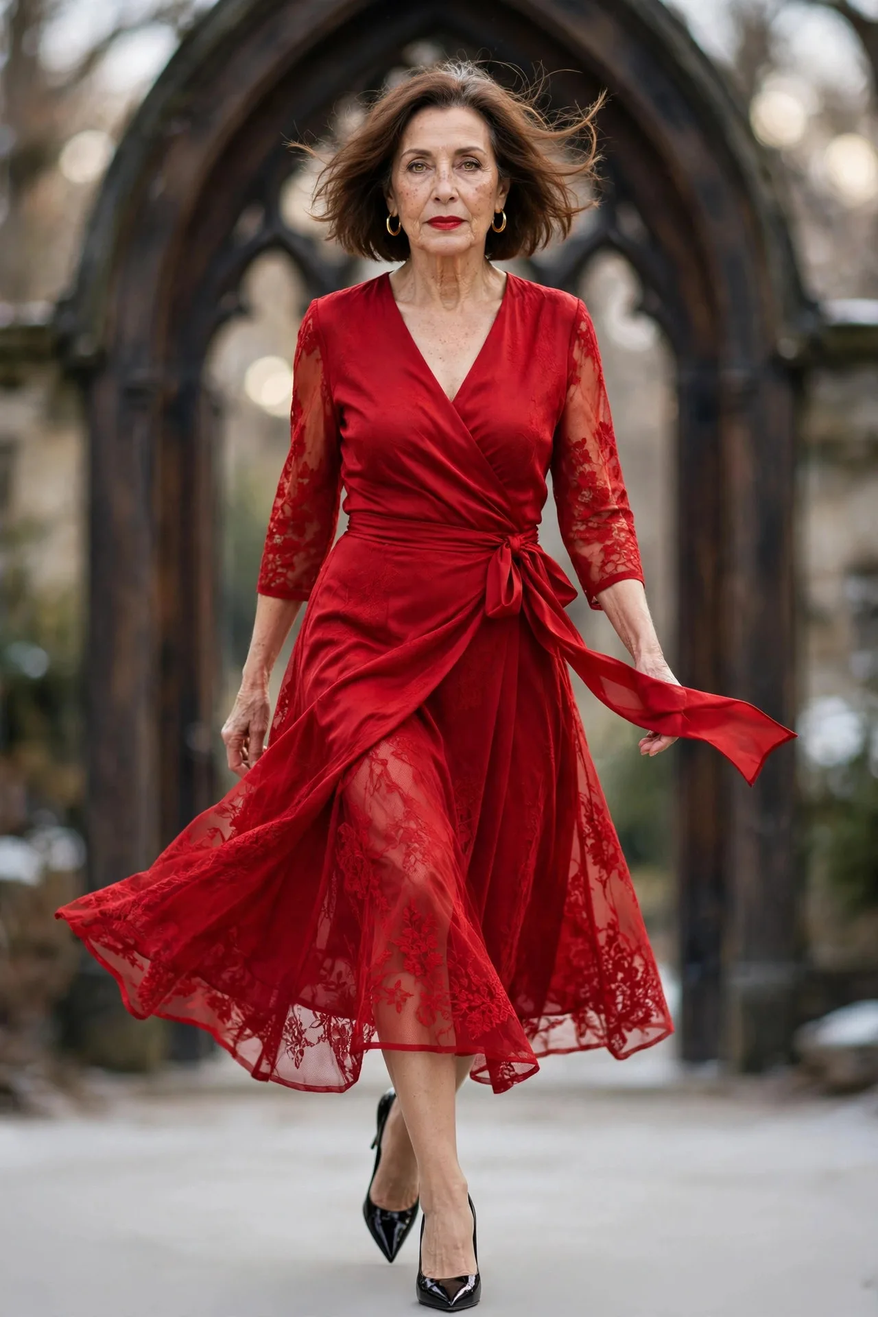 Scarlet Silk Statement — A scarlet-red silk wrap midi dress with three-quarter sleeves, a V-neckline and a sash tie, worn with black patent pointed-toe pumps.