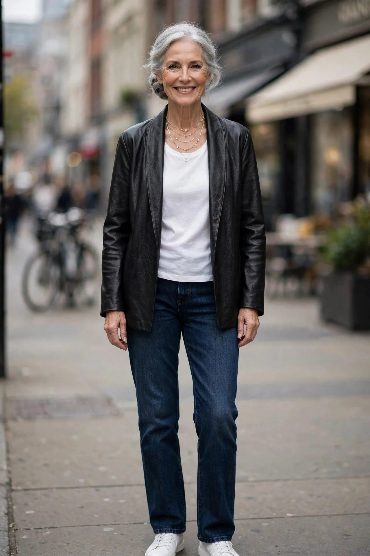 Lady in sixties wearing open leather jacket with casual white top