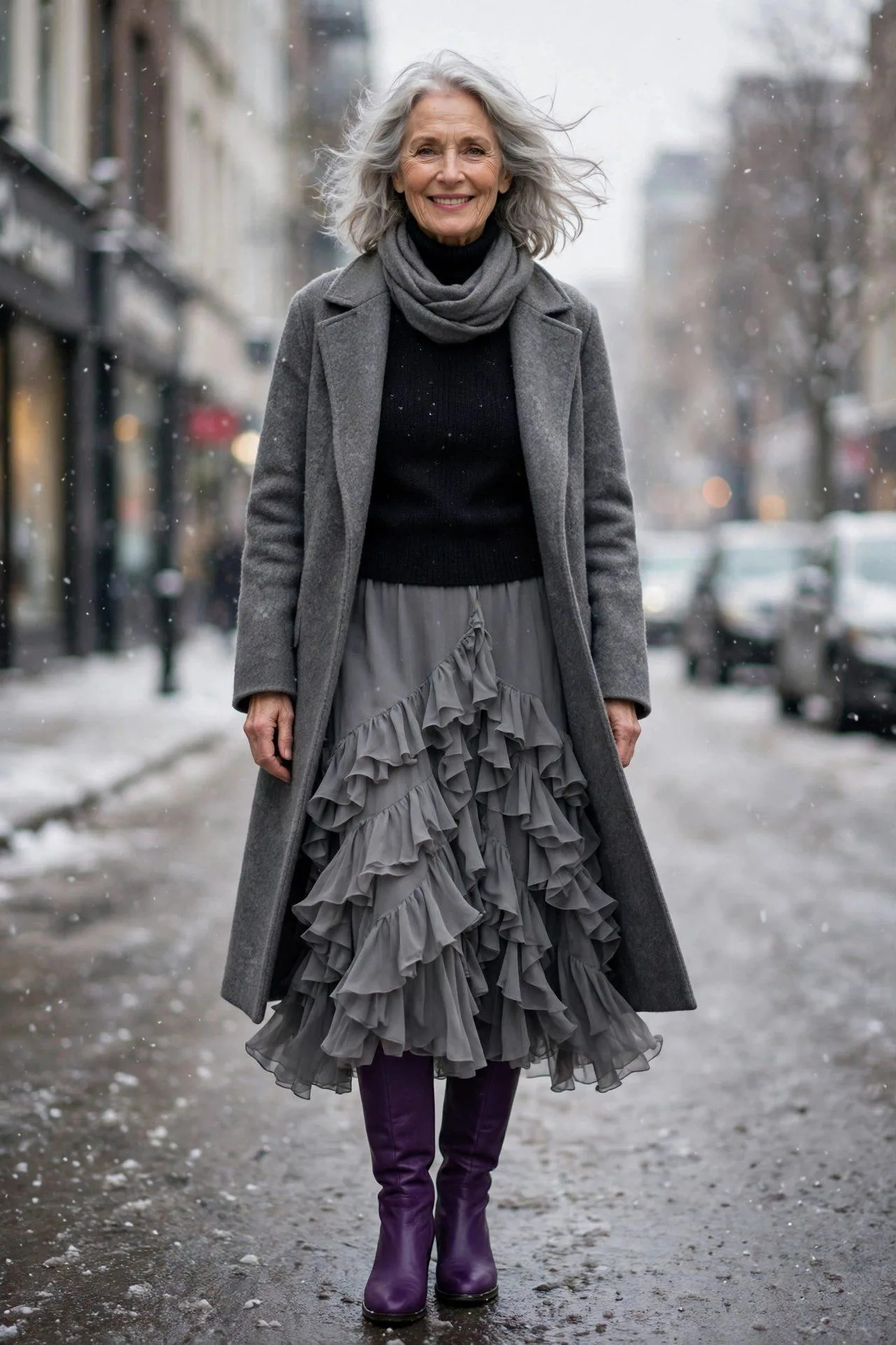 Winter-ready mature woman in a voluminous grey ruffle dress over a fine knit styled with vivid purple boots.