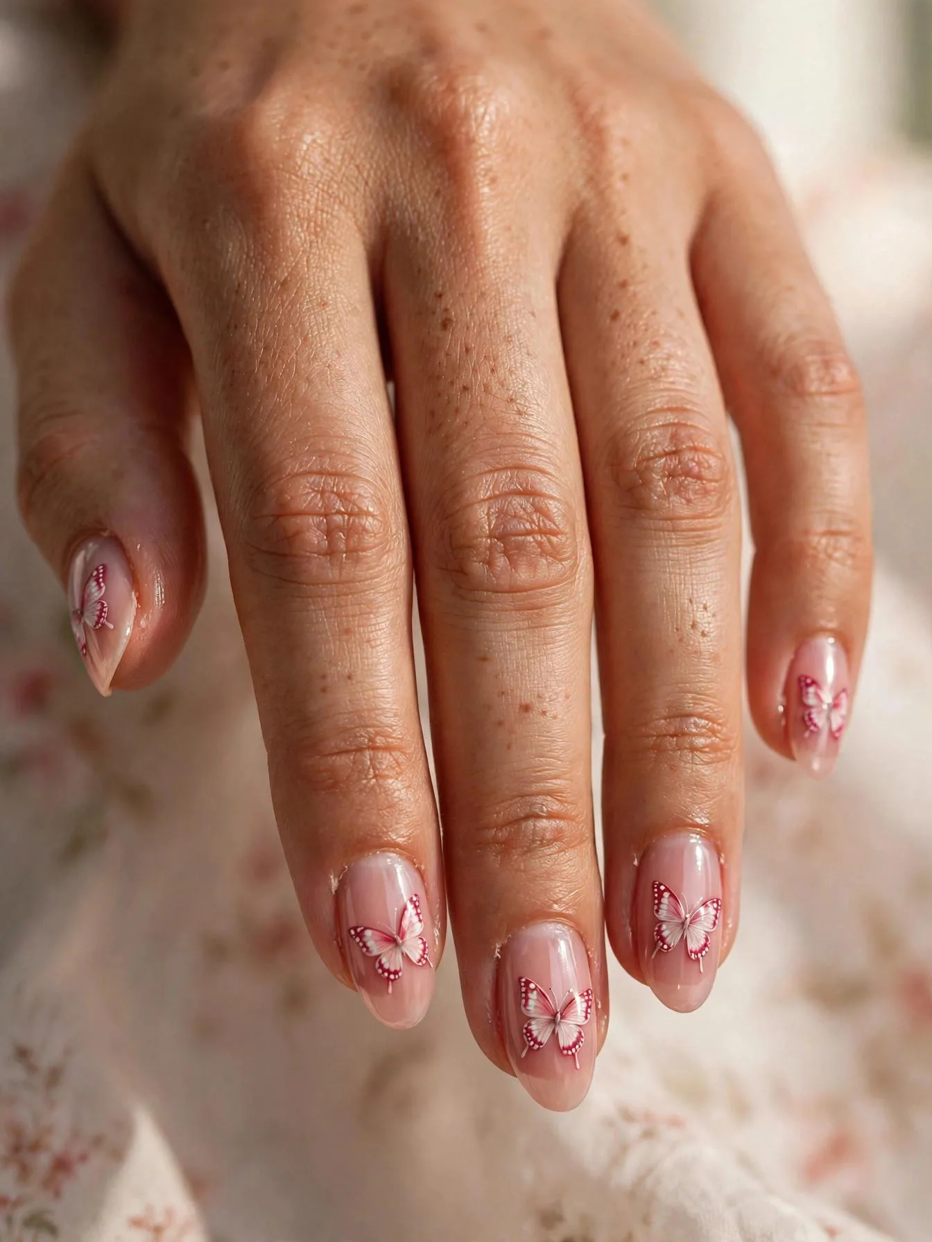 Pink almond nails with an ethereal butterfly design as focal point.