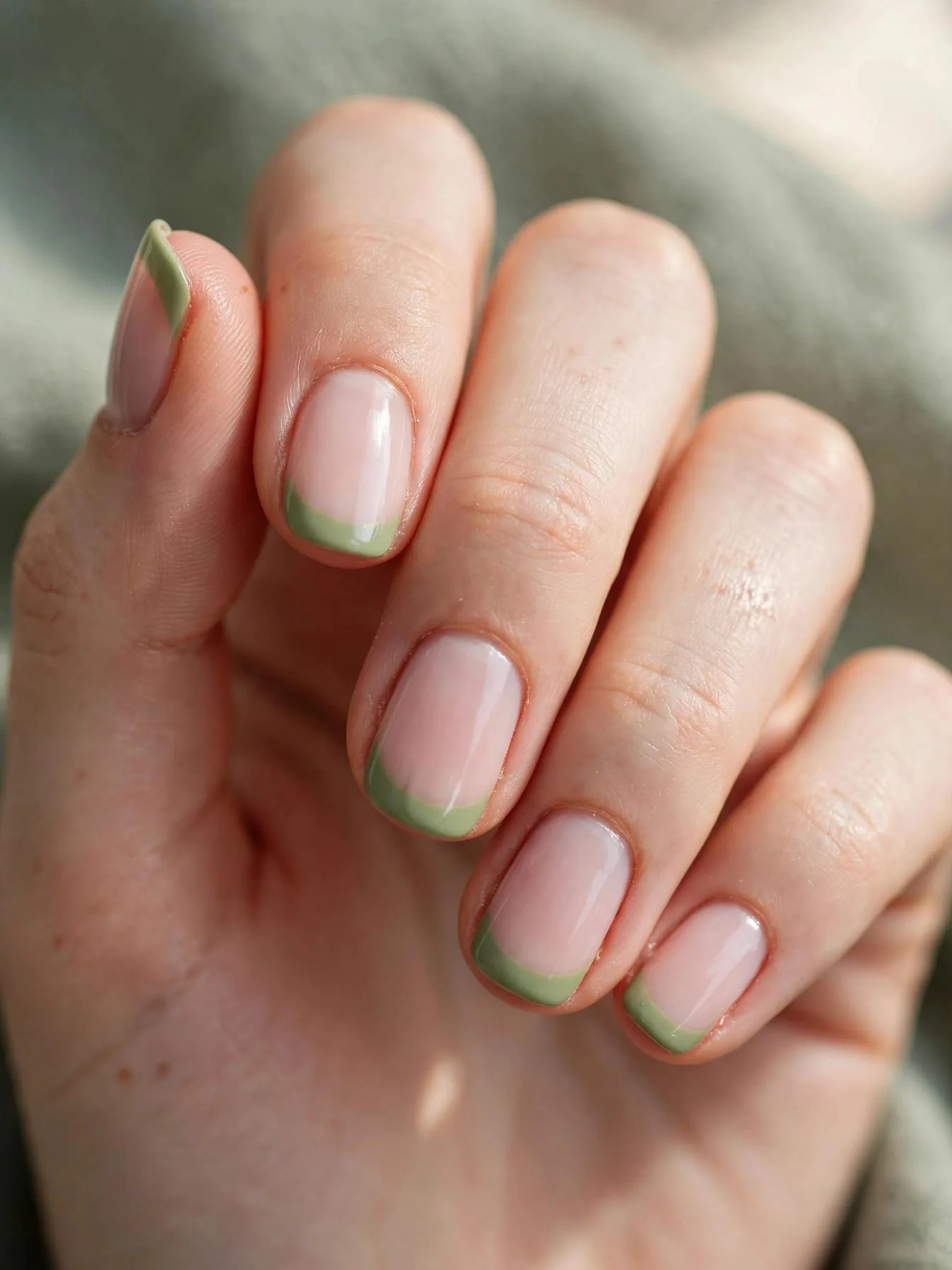 Short squoval nails with pale rose base and matcha French tips.