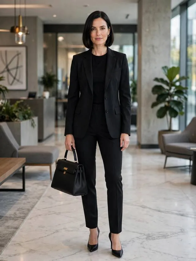 All black outfit with tailored black blazer, trousers, heels and structured handbag.