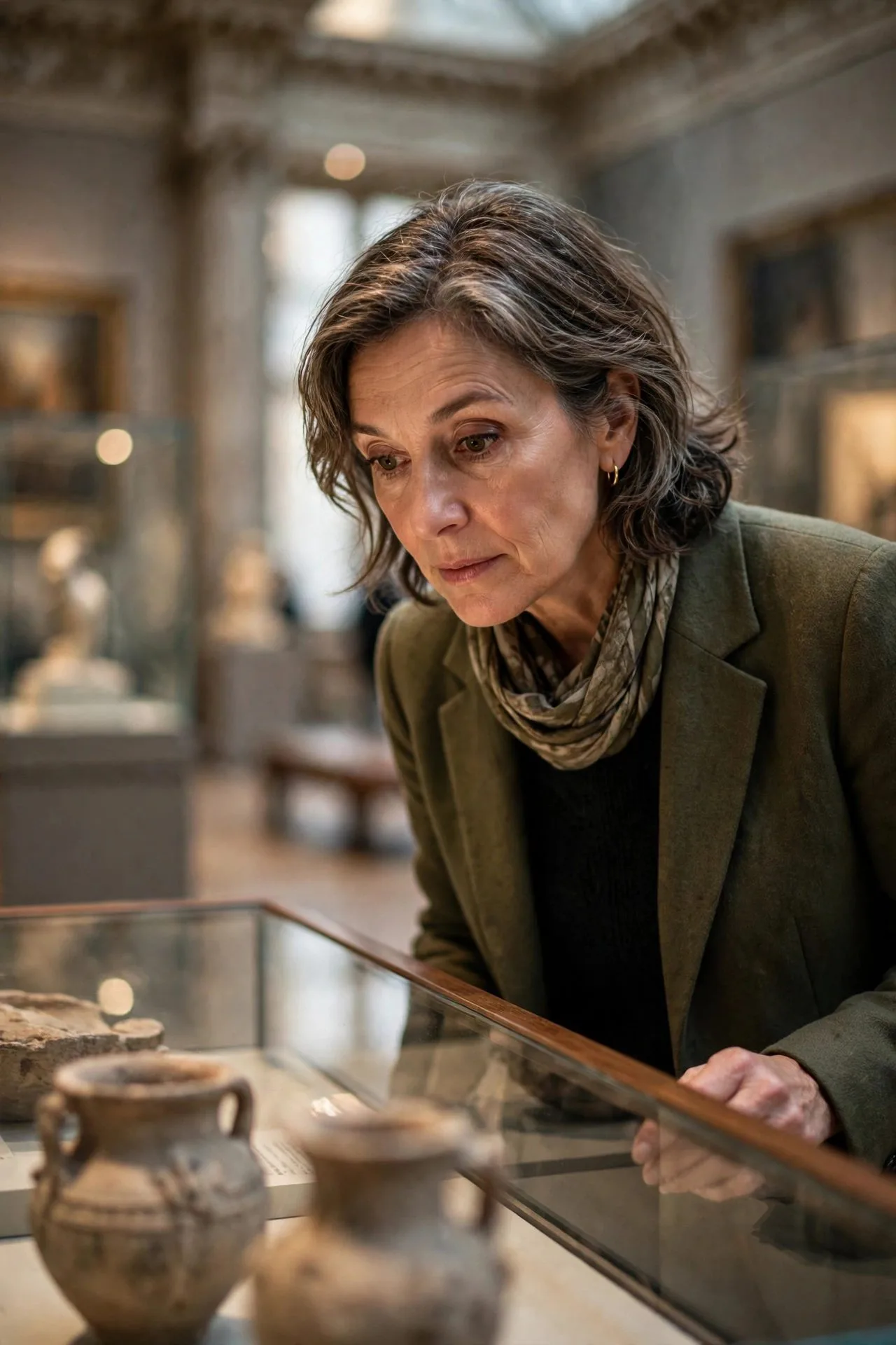Curious mature woman exploring books in a quiet library