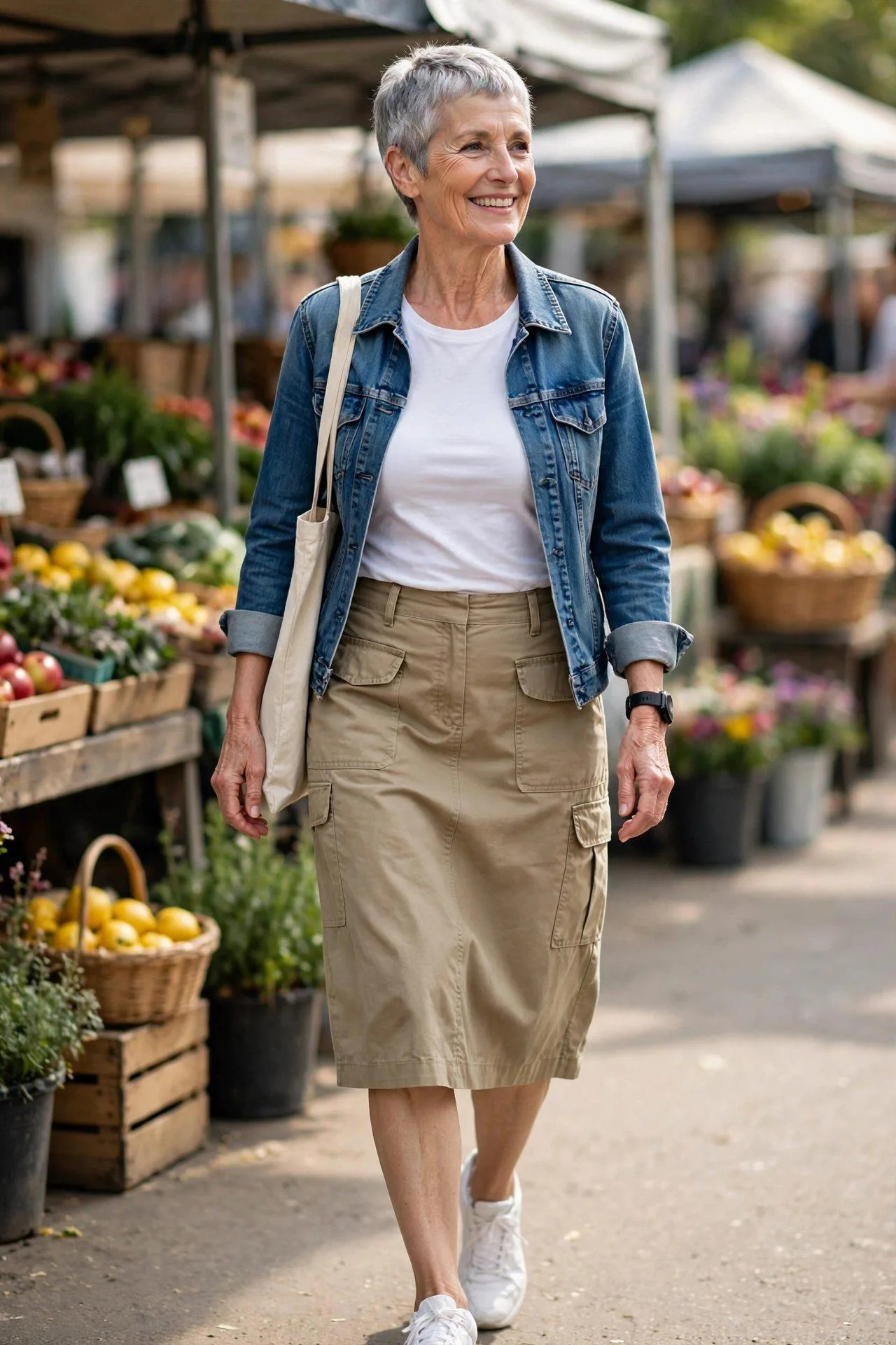 Active woman in khaki utility skirt at farmers market.