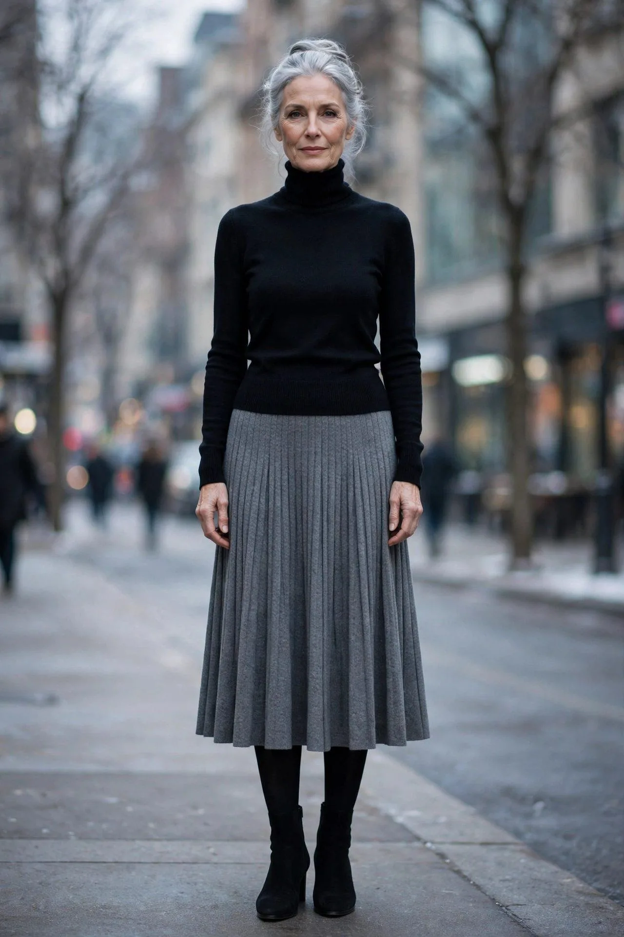 Senior woman in fitted black polo neck with gray pleated midi skirt