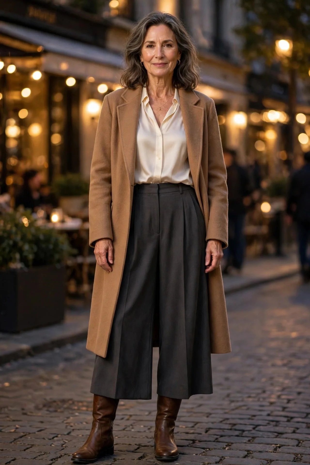 Woman over 50 in cream silk blouse, charcoal trousers, camel coat