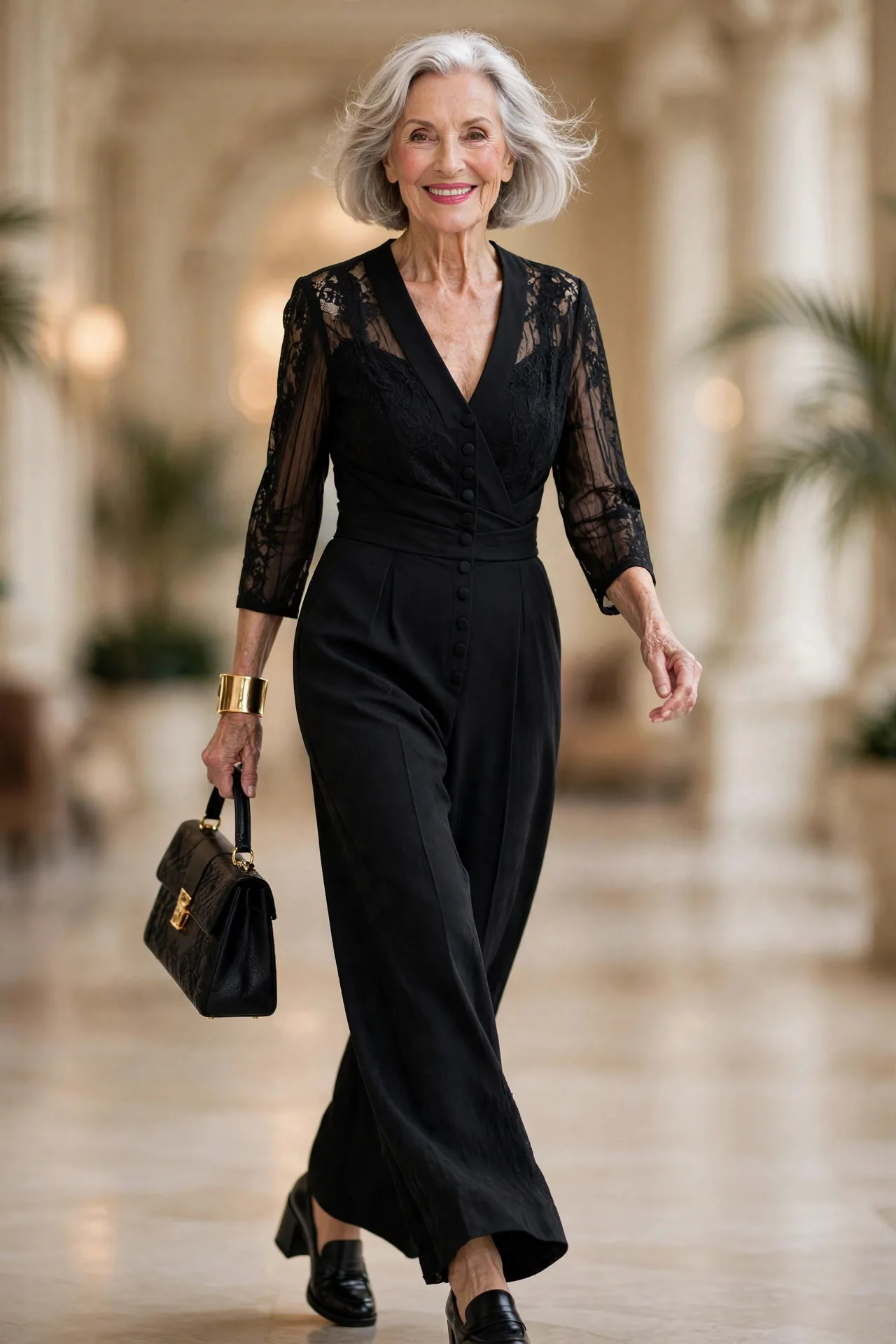One-and-Done Jumpsuit — A black tailored wide-leg jumpsuit with a V-neckline, defined waist and covered buttons, worn with block-heel loafers and a bold cuff bracelet.