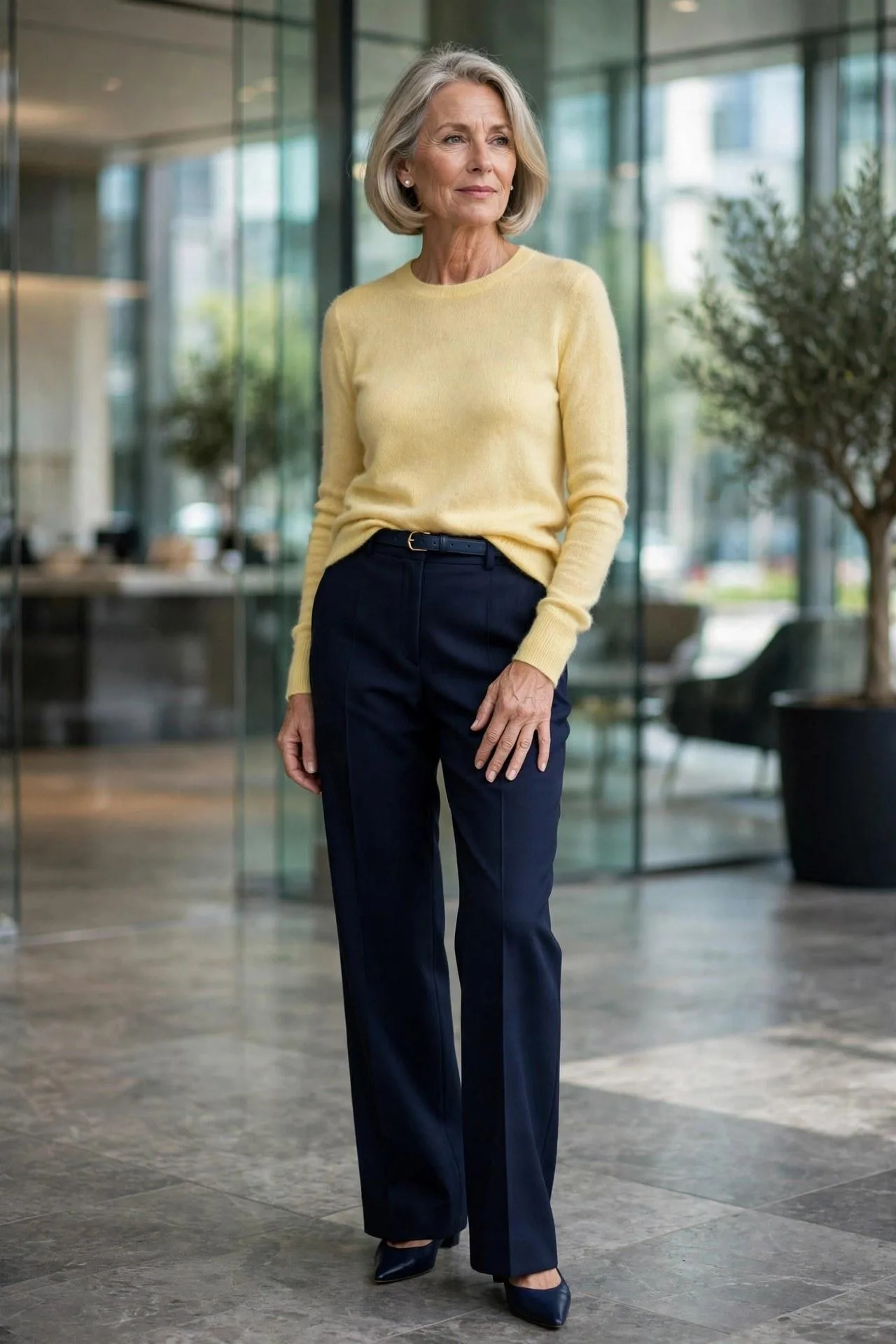 Elegant lady in deep blue wide-leg pants and a soft yellow knit in a modern lobby — crisp smart casual clothes for women with polish.