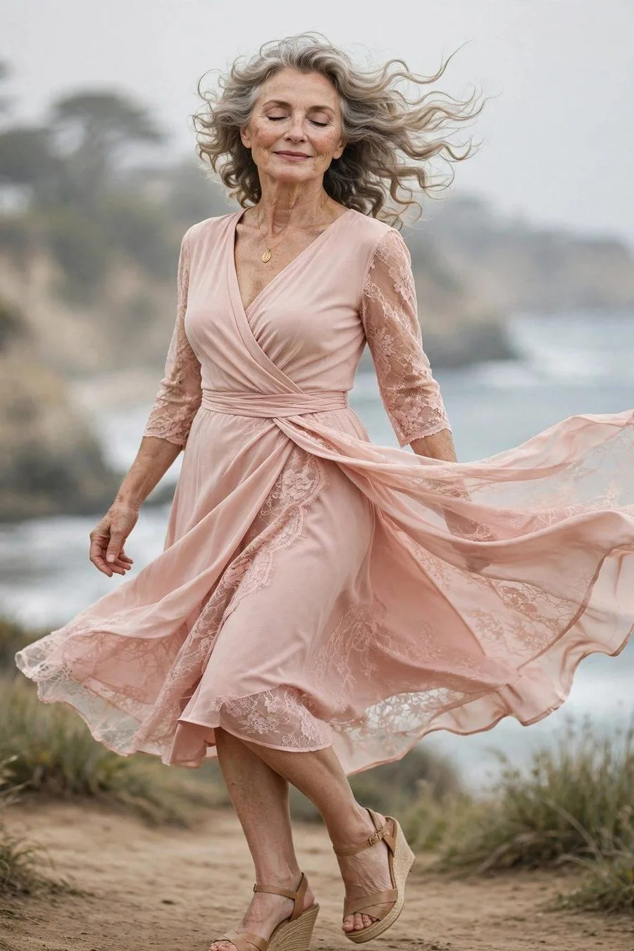 Graceful woman over fifty in blush jersey wrap dress with wedges