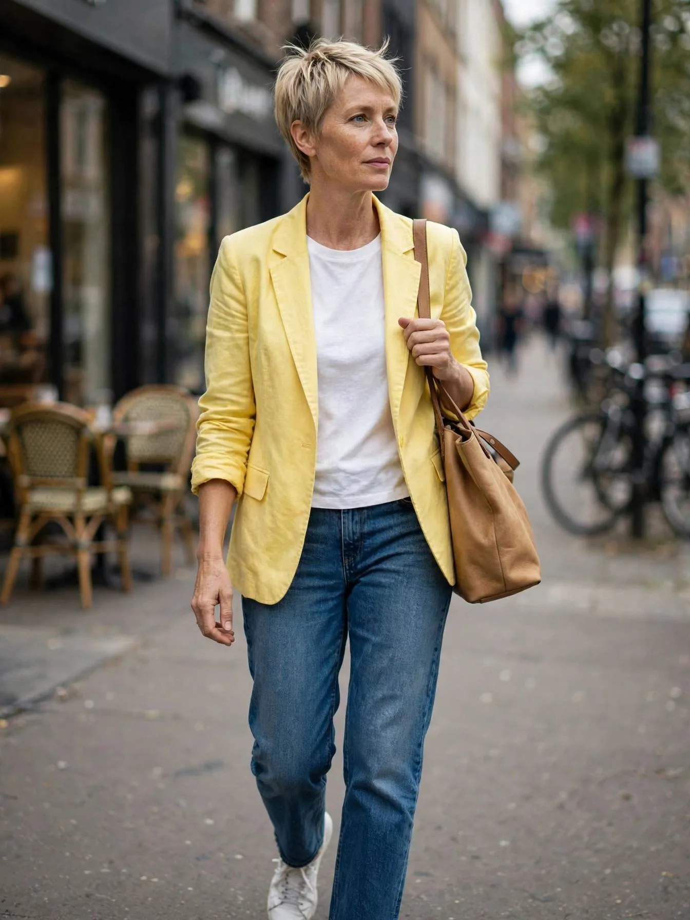 Woman wearing a lemon yellow blazer with jeans and sneakers.
